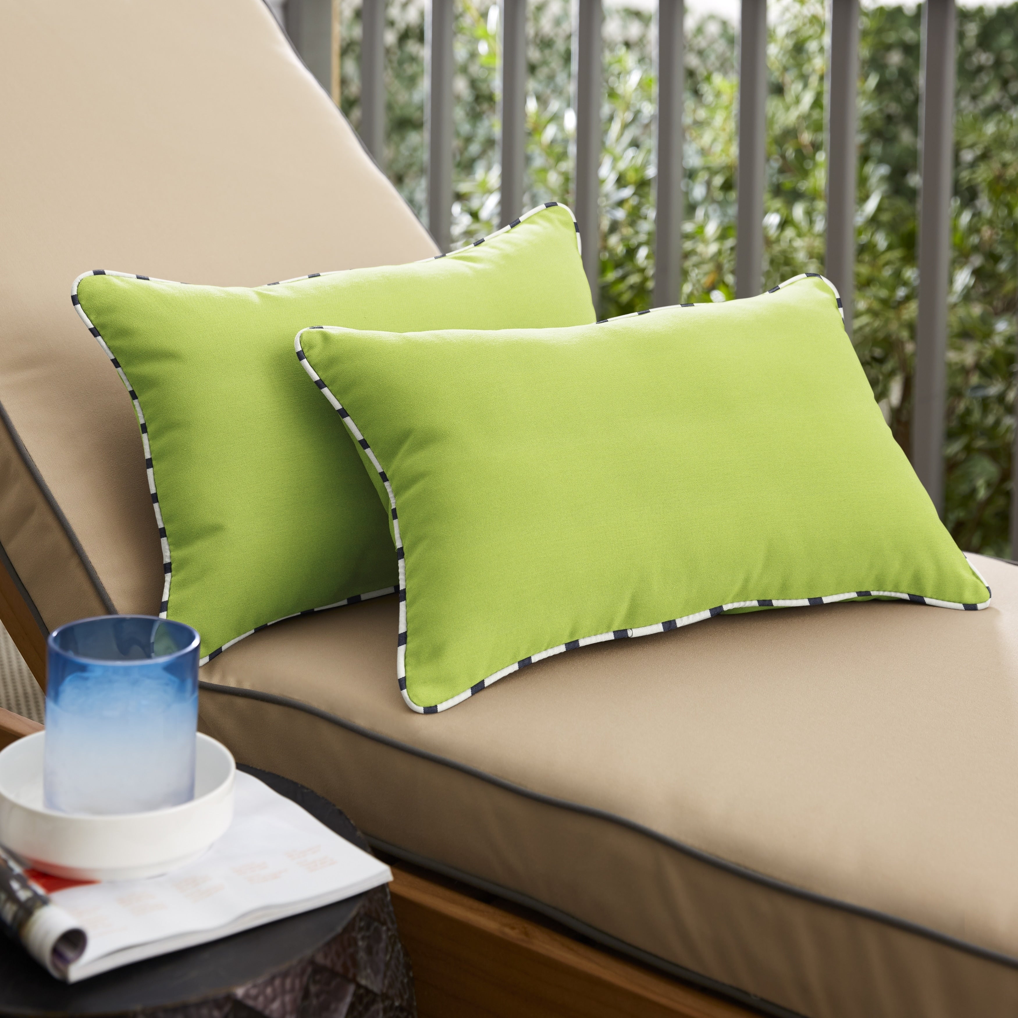 Sunbrella Macaw Green With Blue White Stripe Indoor Outdoor Lumbar Pillows Set Of 2