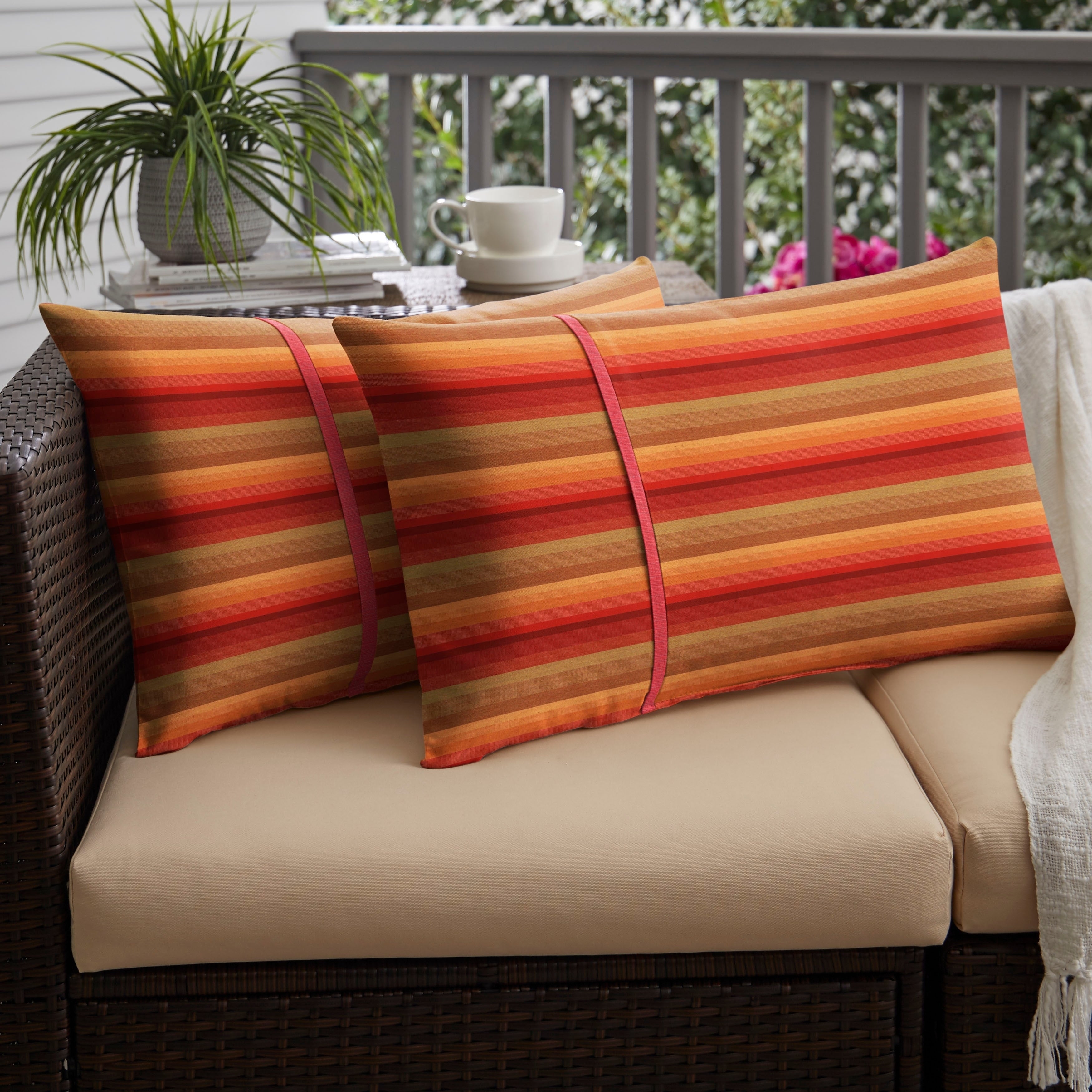 Sunbrella Red Stripe With Texured Red Indoor Outdoor Lumbar Pillows Set Of 2 16 In H X 26 In W