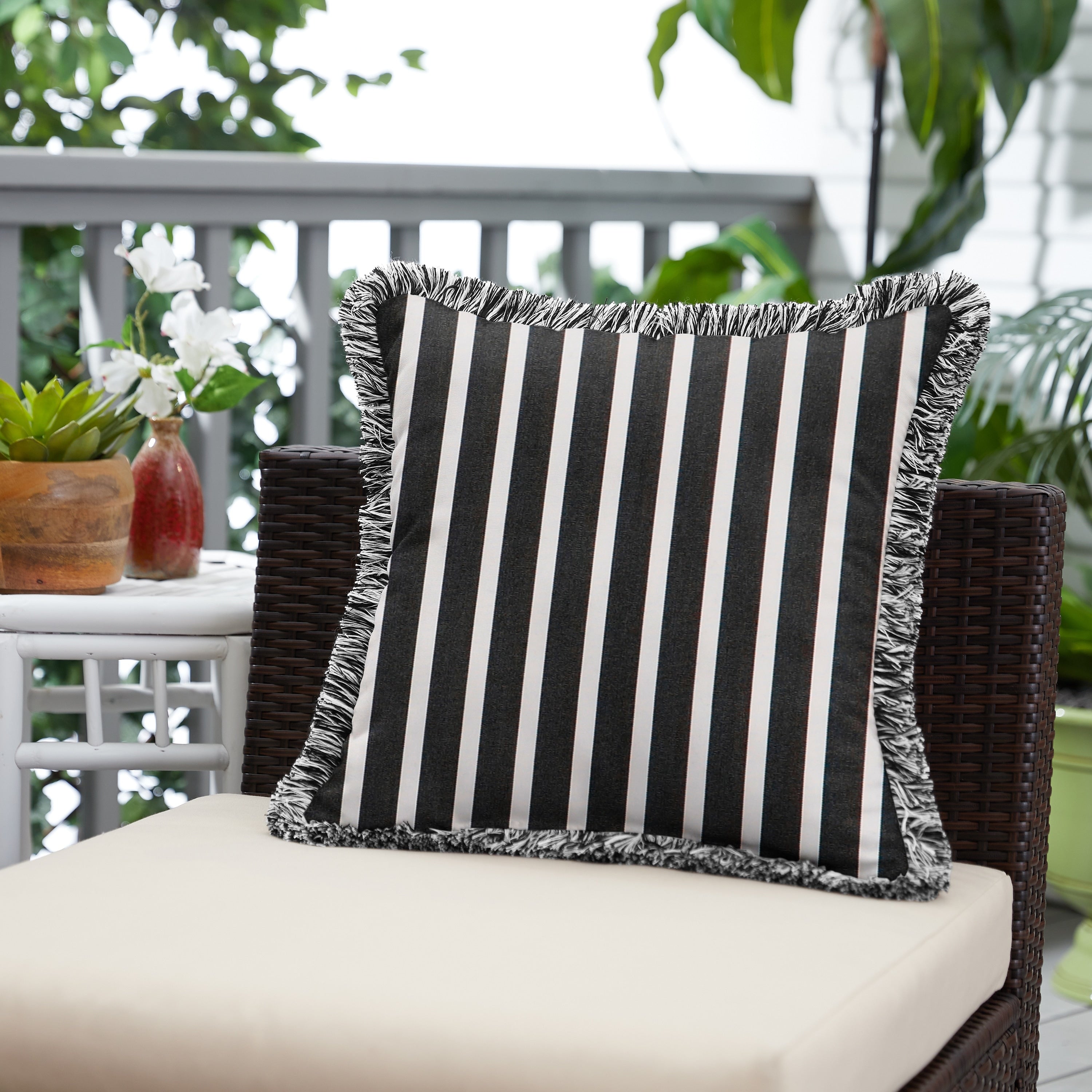 Sunbrella Shore Classic Indoor Outdoor Square Pillow With Fringe Black White Fringe