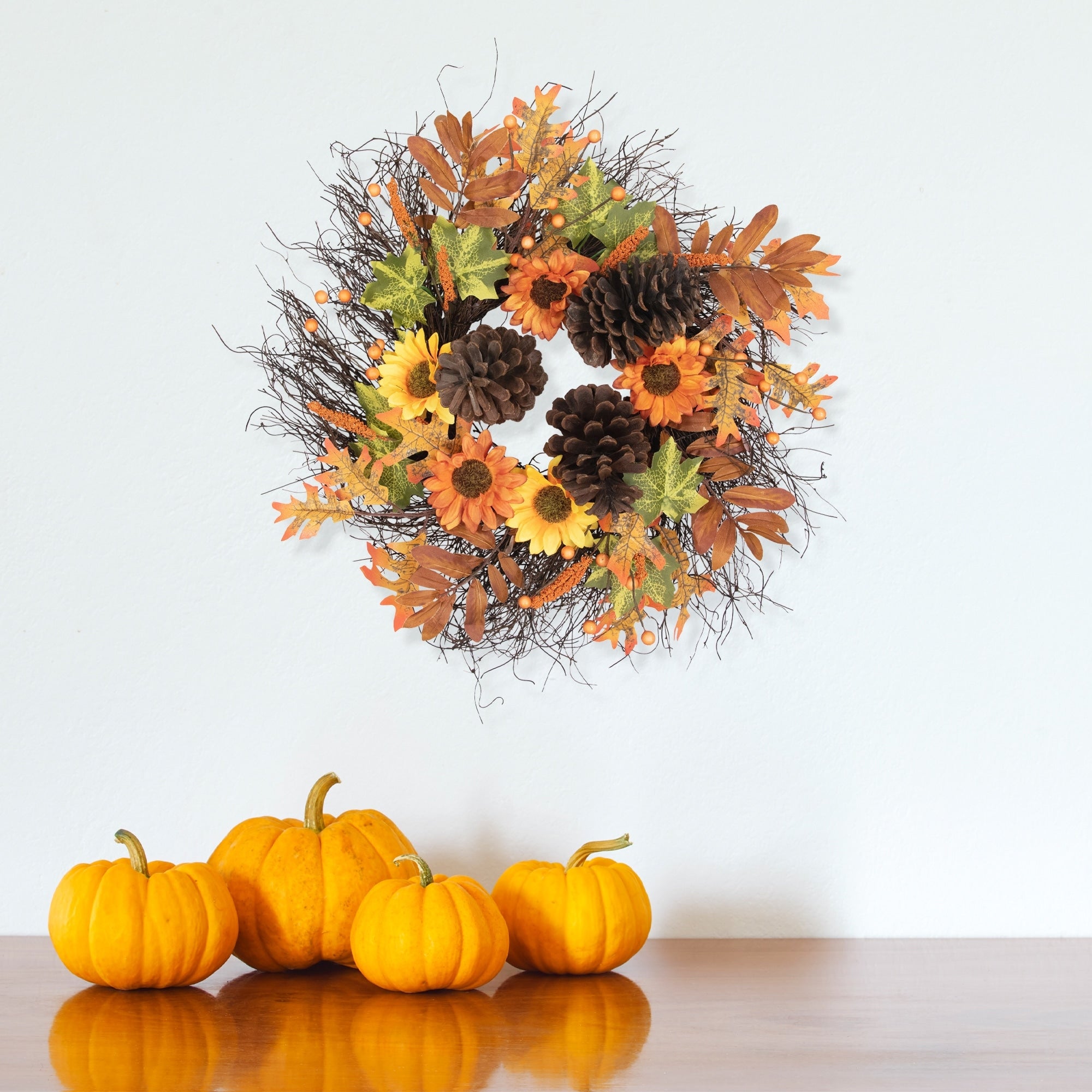 Sunflowers And Pine Cones Fall Artificial Thanksgiving Wreath 24 Inch Unlit