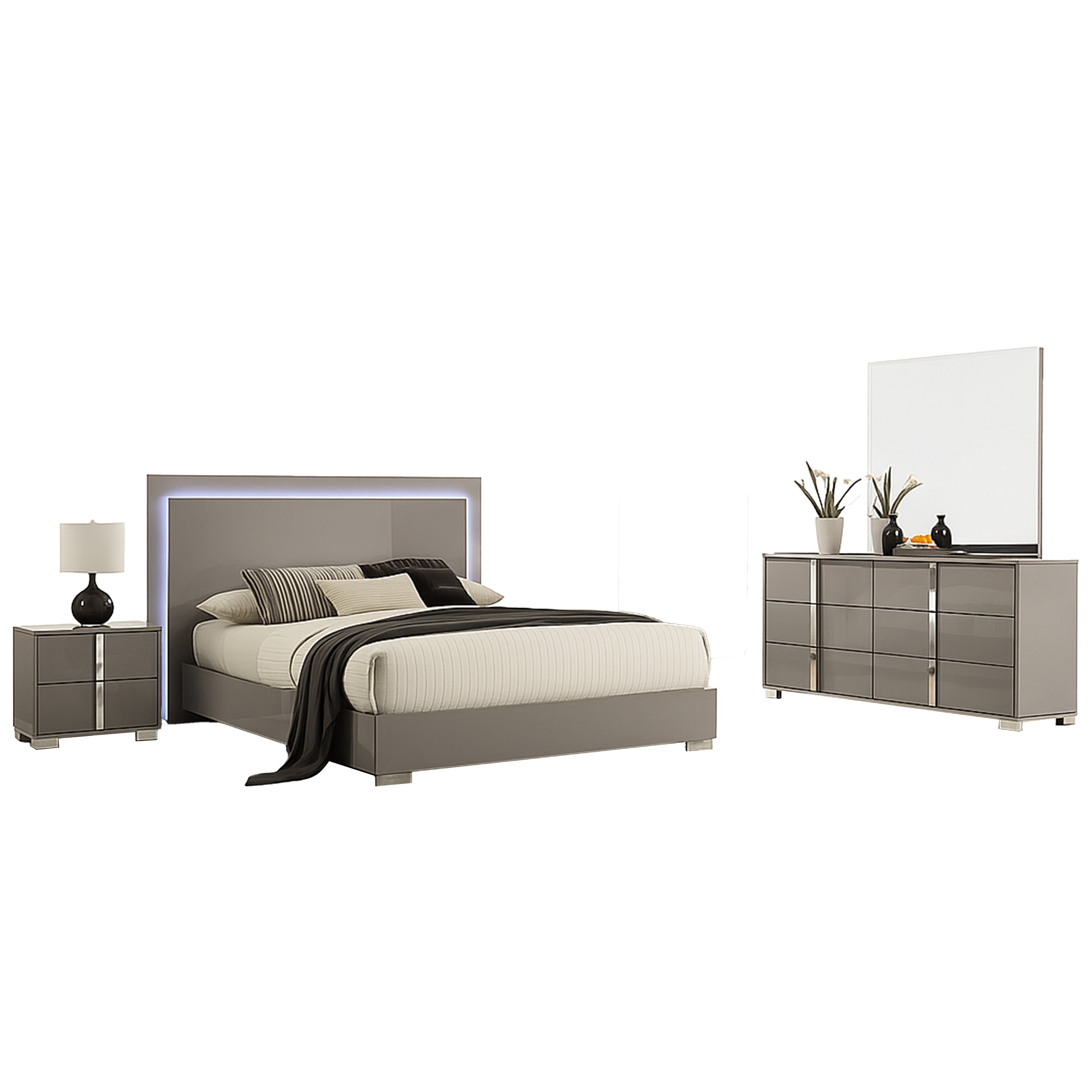 Suni 4Pc Complete Queen Bedroom Set W Led Headboard Light Taupe Gray