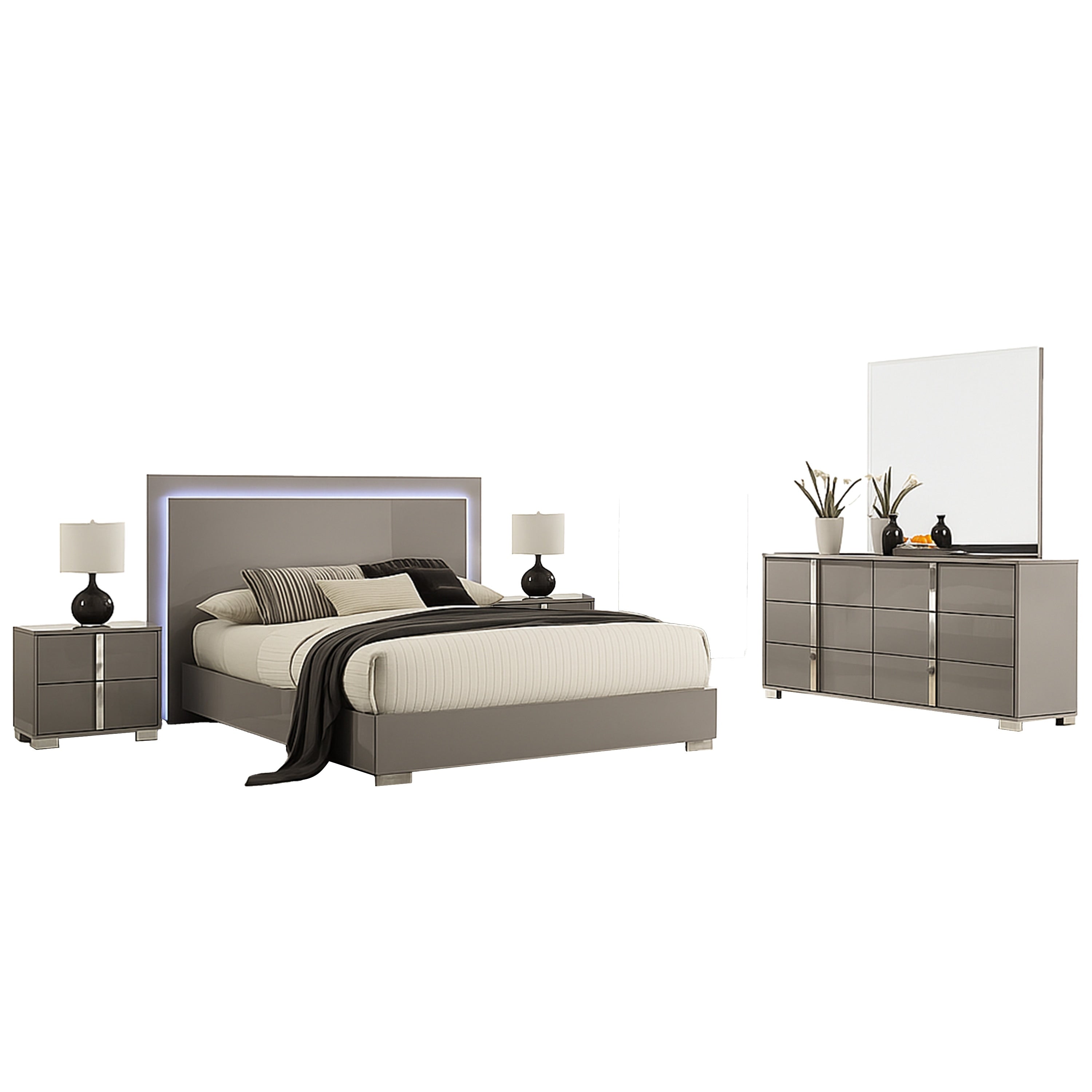 Suni 5Pc Queen Bedroom Set W Led Headboard Light Taupe Gray 2 Nightstand