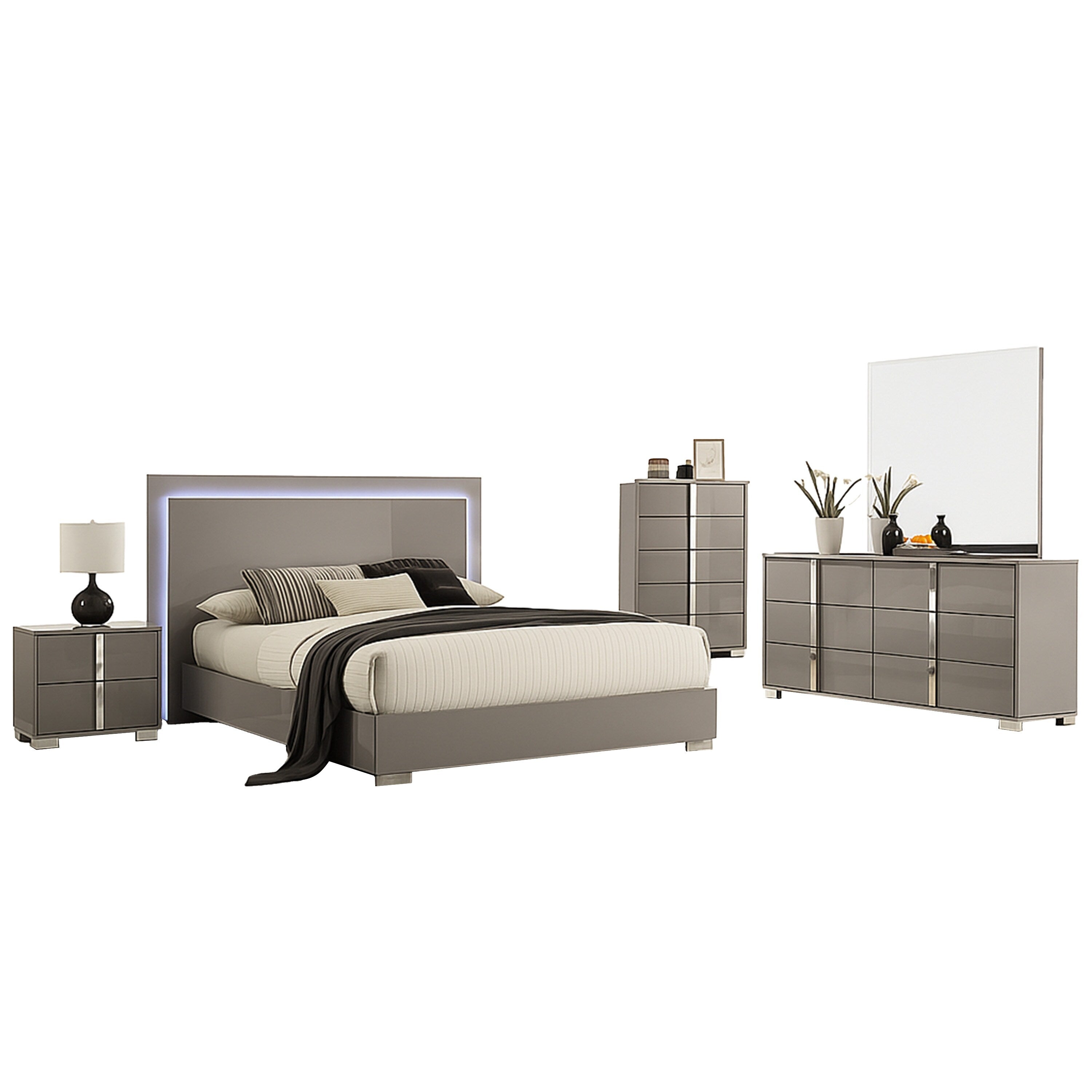 Suni 5Pc Queen Bedroom Set W Led Headboard Light Taupe Gray Tall Dresser