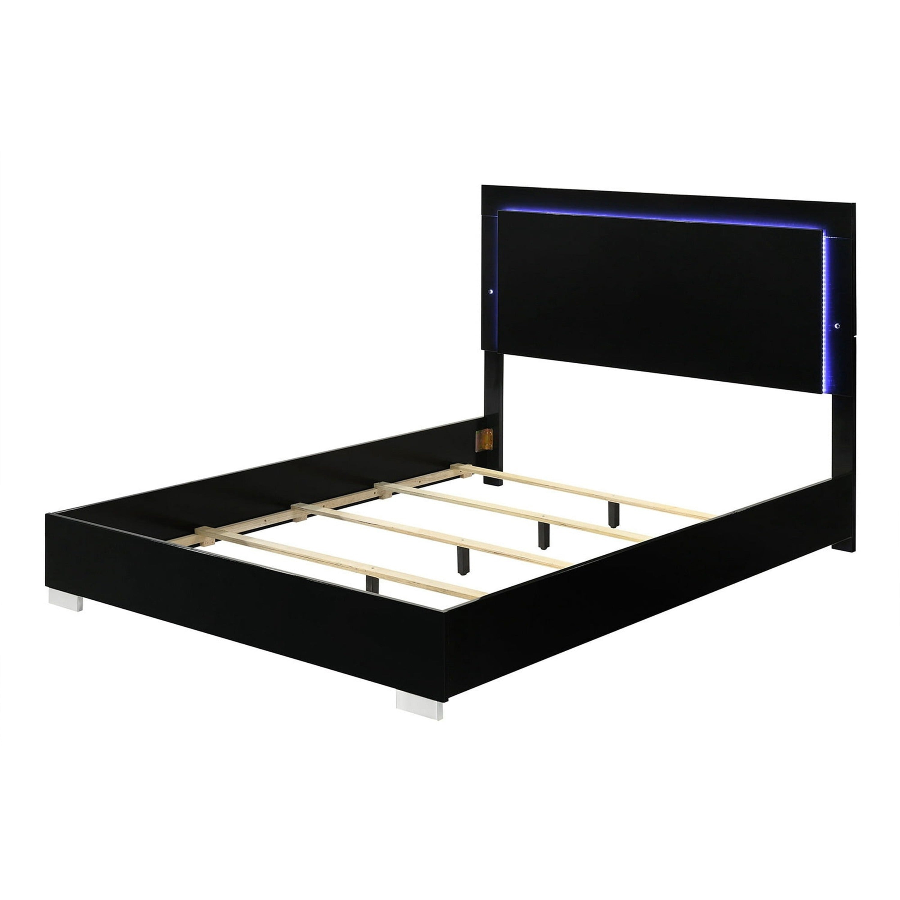 Suni Queen Size Bed W Led Headboard Piano Black Wood Frame