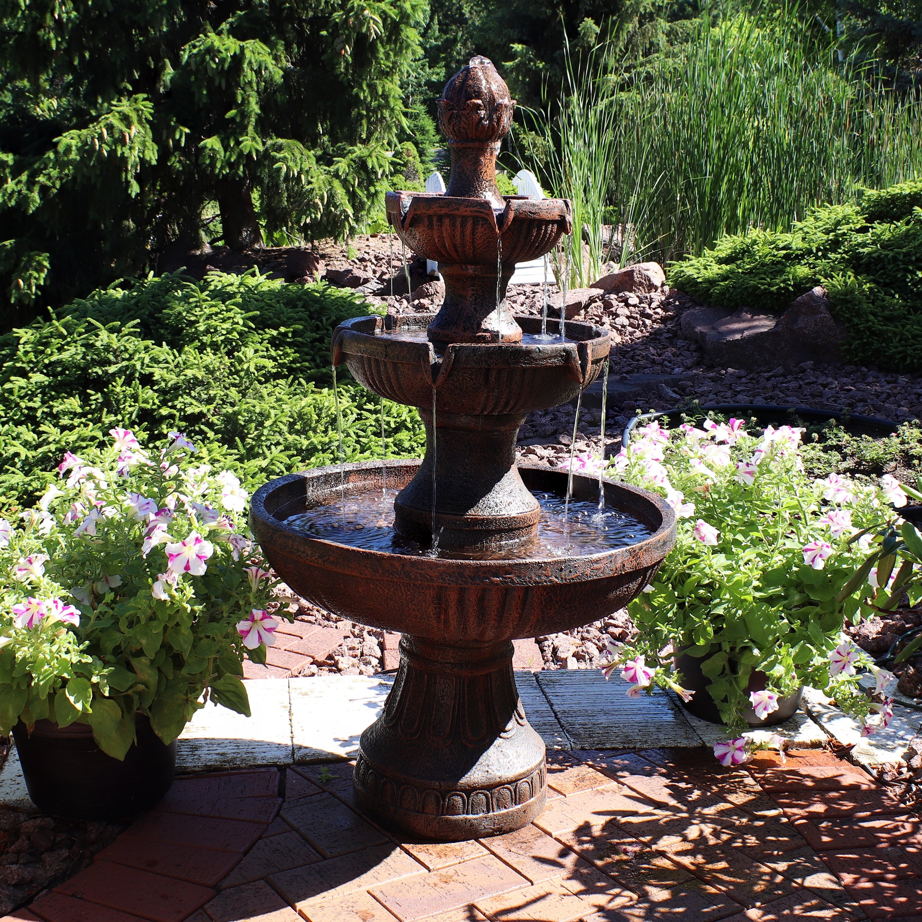 Sunnydaze Flower Blossom Outdoor Water Fountain 3 Tier Electric 43 Inch
