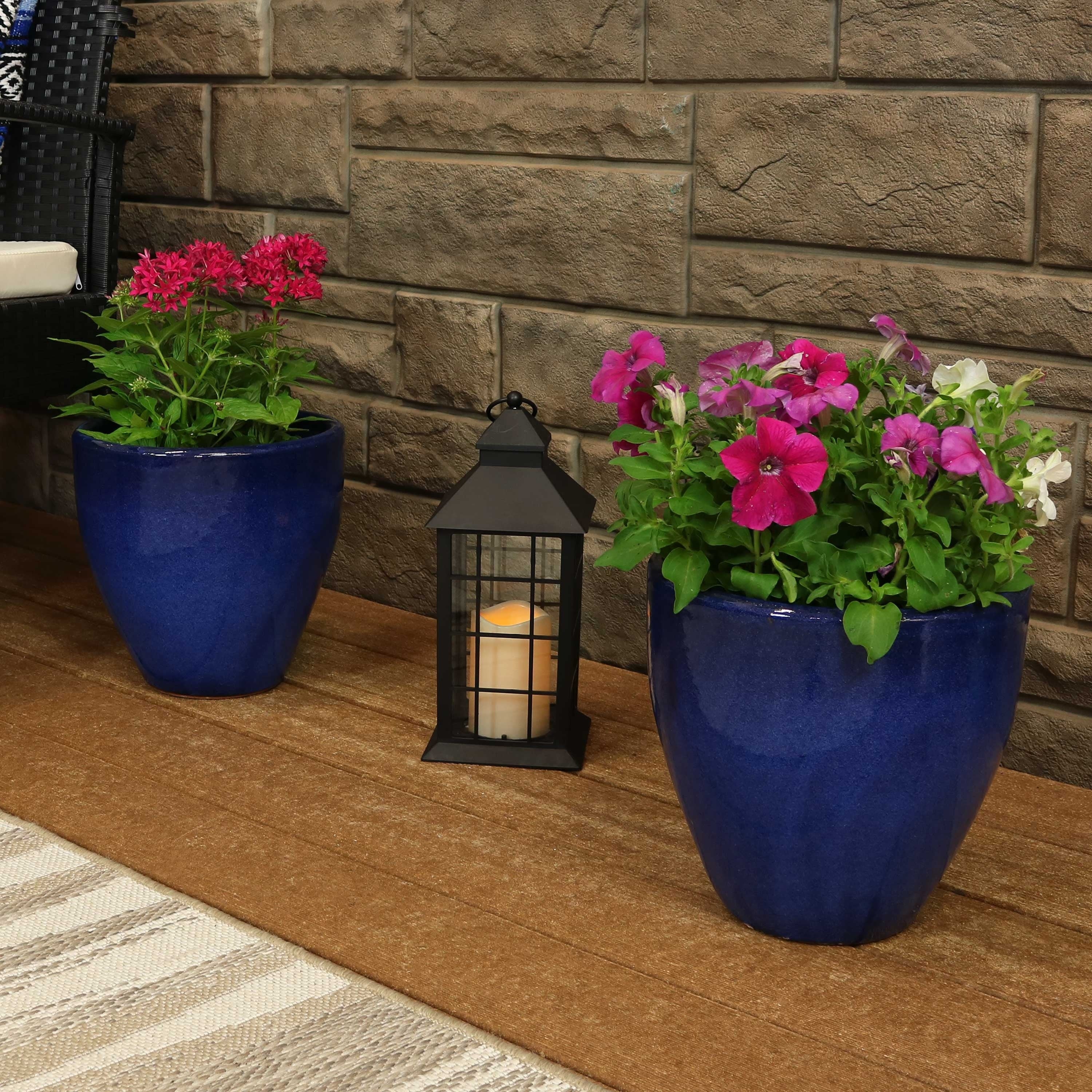 Sunnydaze Resort Ceramic Planter Set Of 2 Forest Lake Green 10 Inch