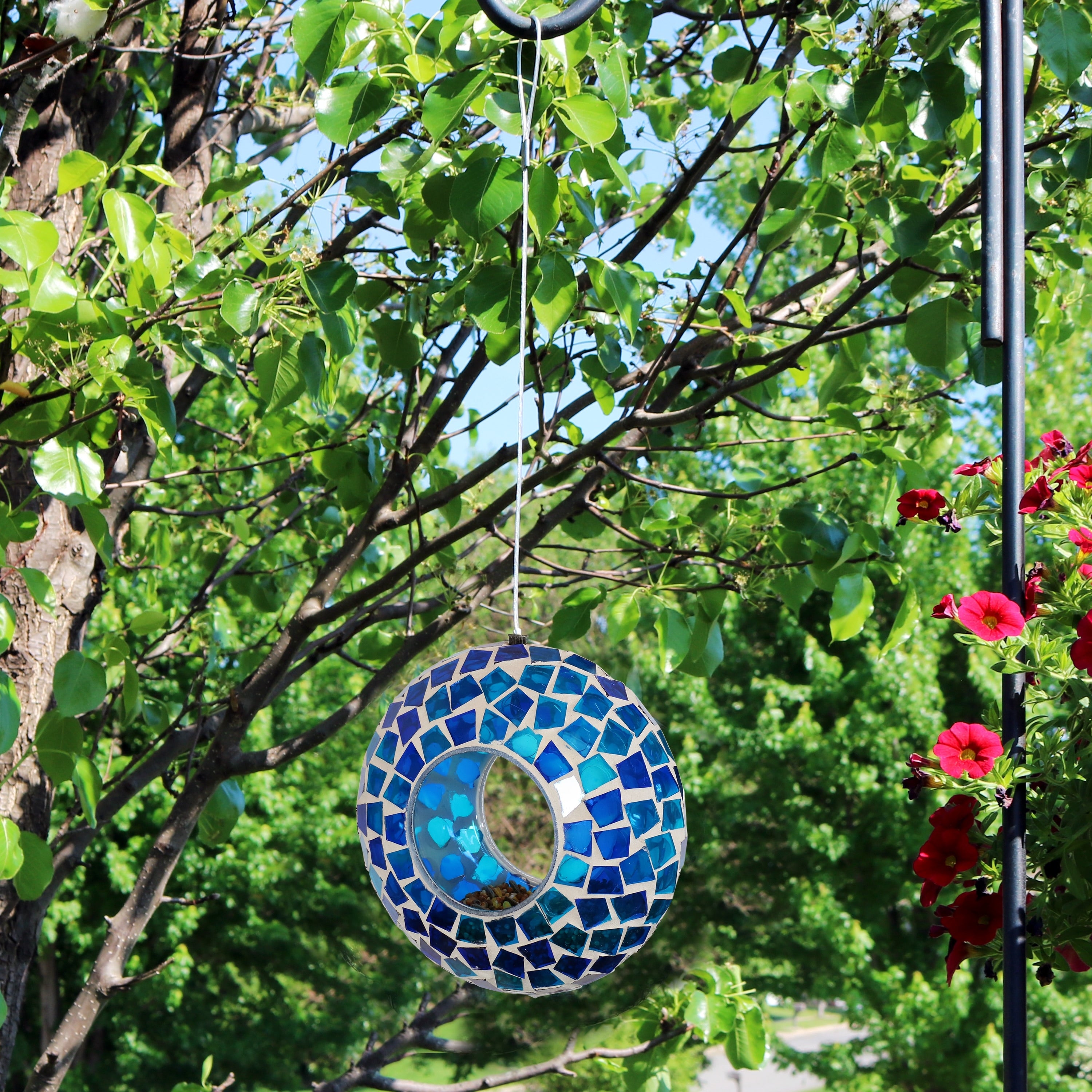 Sunnydaze Outdoor Hanging Bird Feeder Blue Mosaic Fly Through Design 6