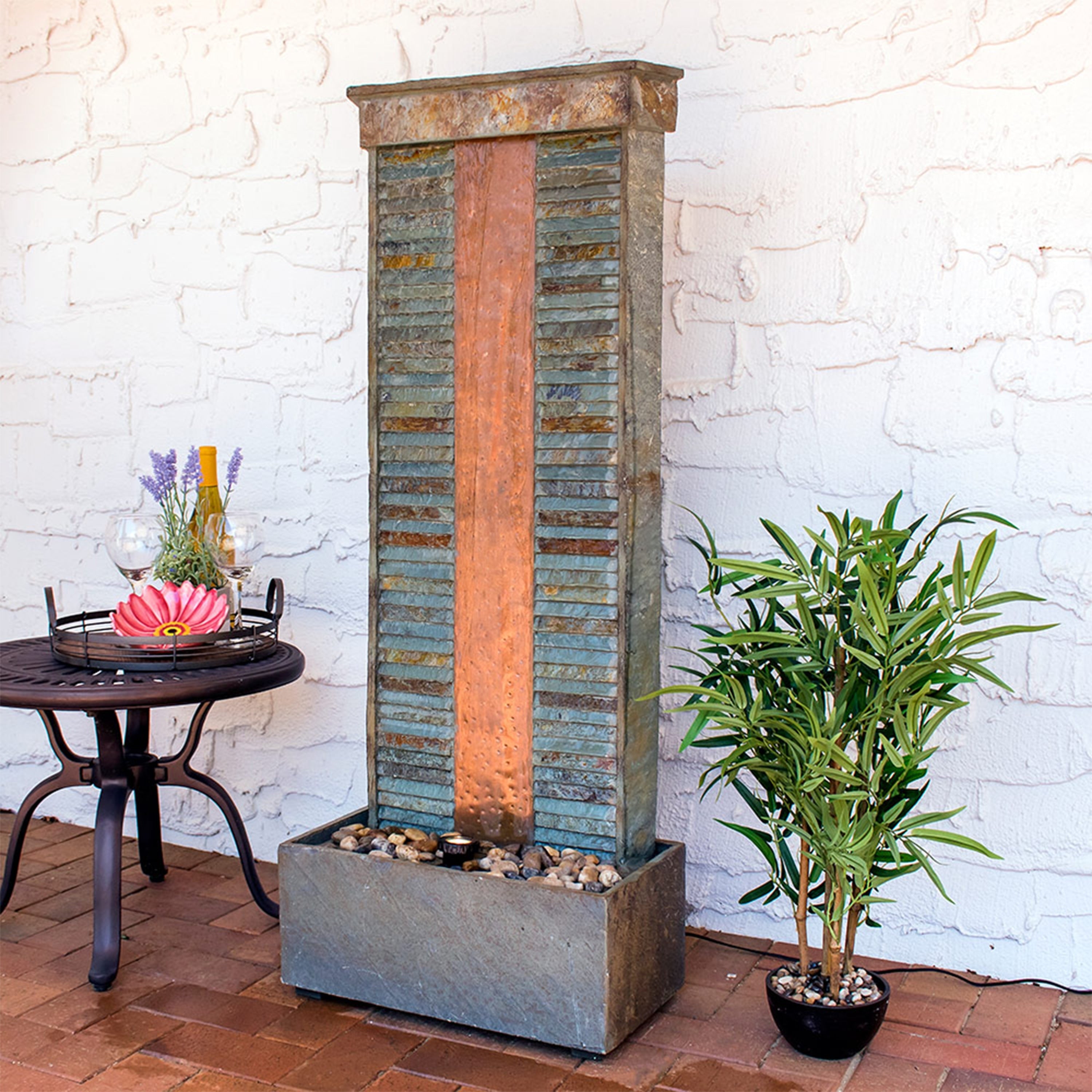 Sunnydaze Rippled Slate Indoor Fountain Copper Finish And Spotlight 48 Inch