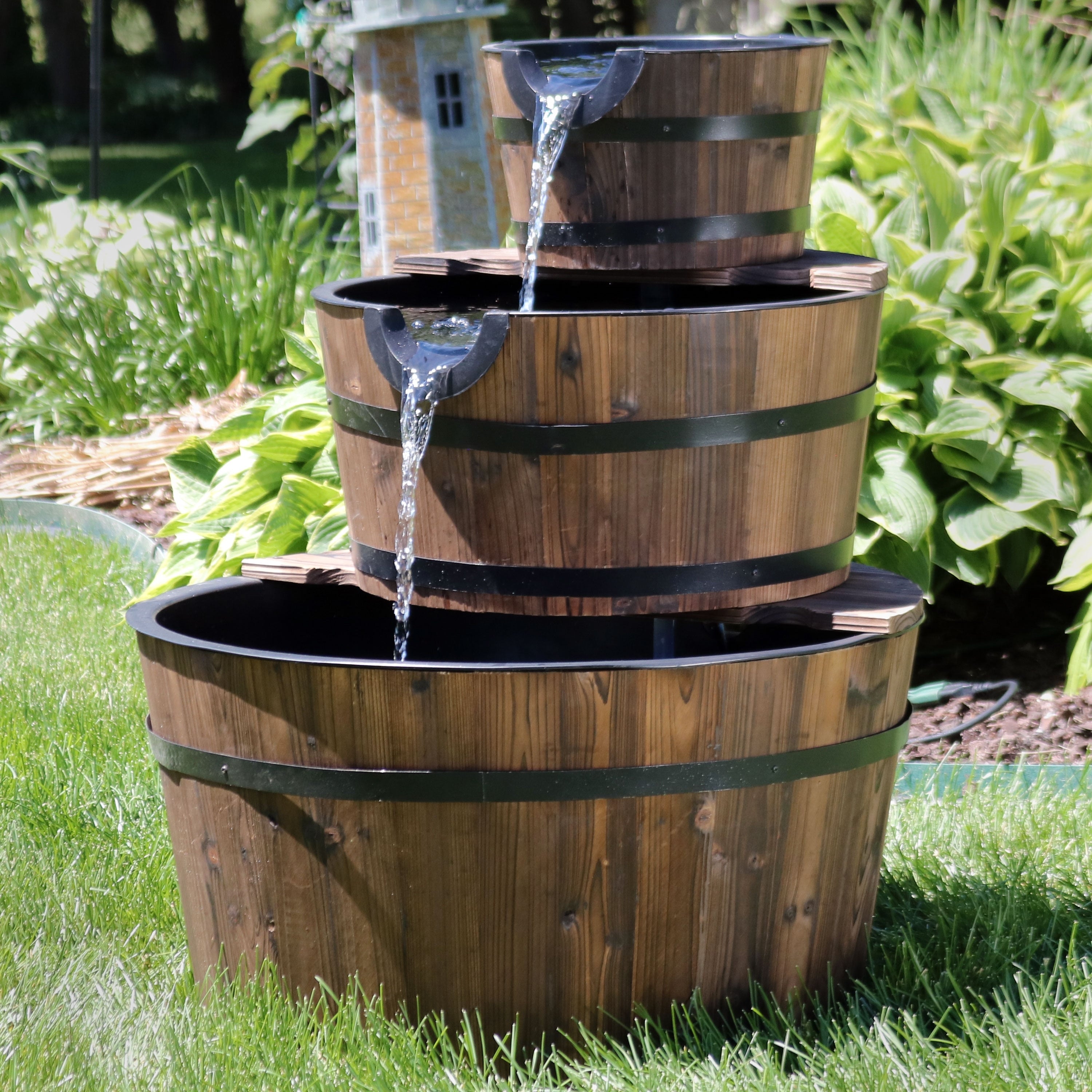 Sunnydaze Rustic 3 Tier Wood Barrel Outdoor Garden Water Fountain 30 Inch