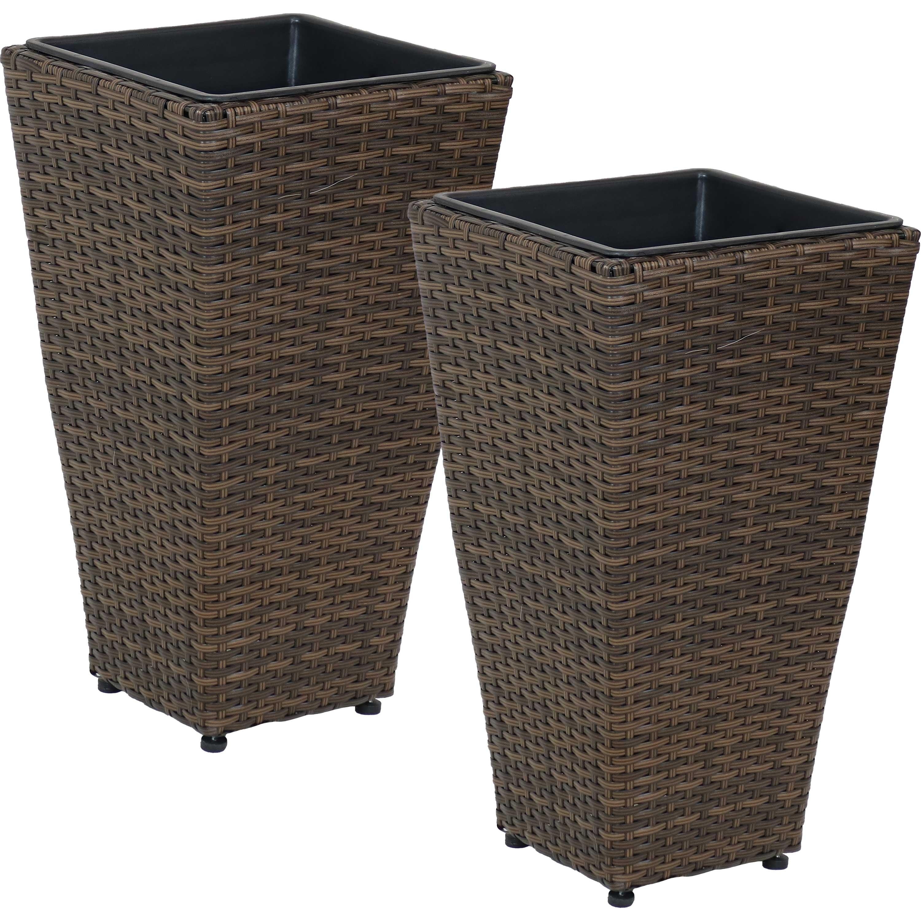 Sunnydaze Tall Square Brown Polyrattan Planter 20 Inch Set Of 2 Brown