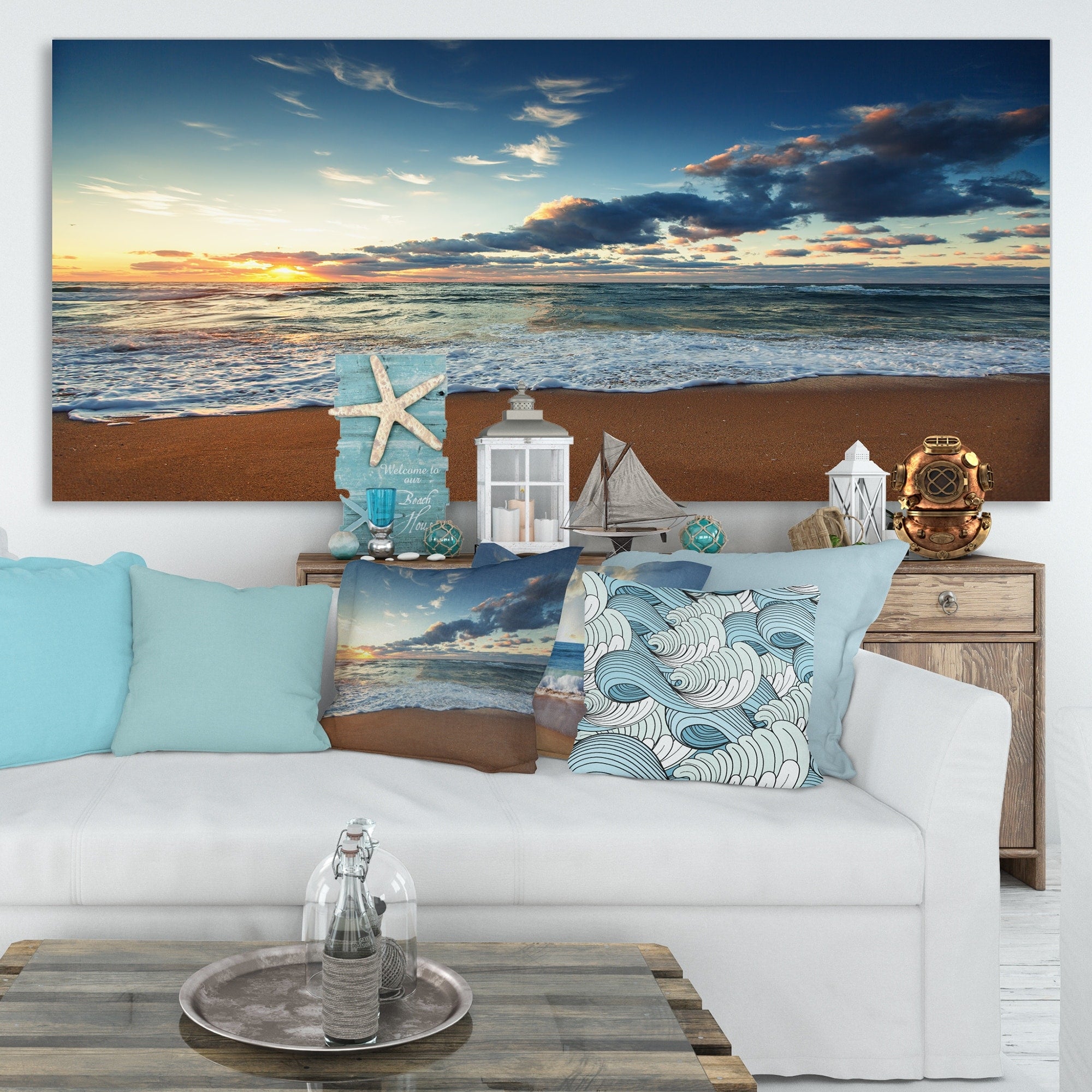 Sunrise And Glowing Waves In Ocean Seashore Canvas Wall Art