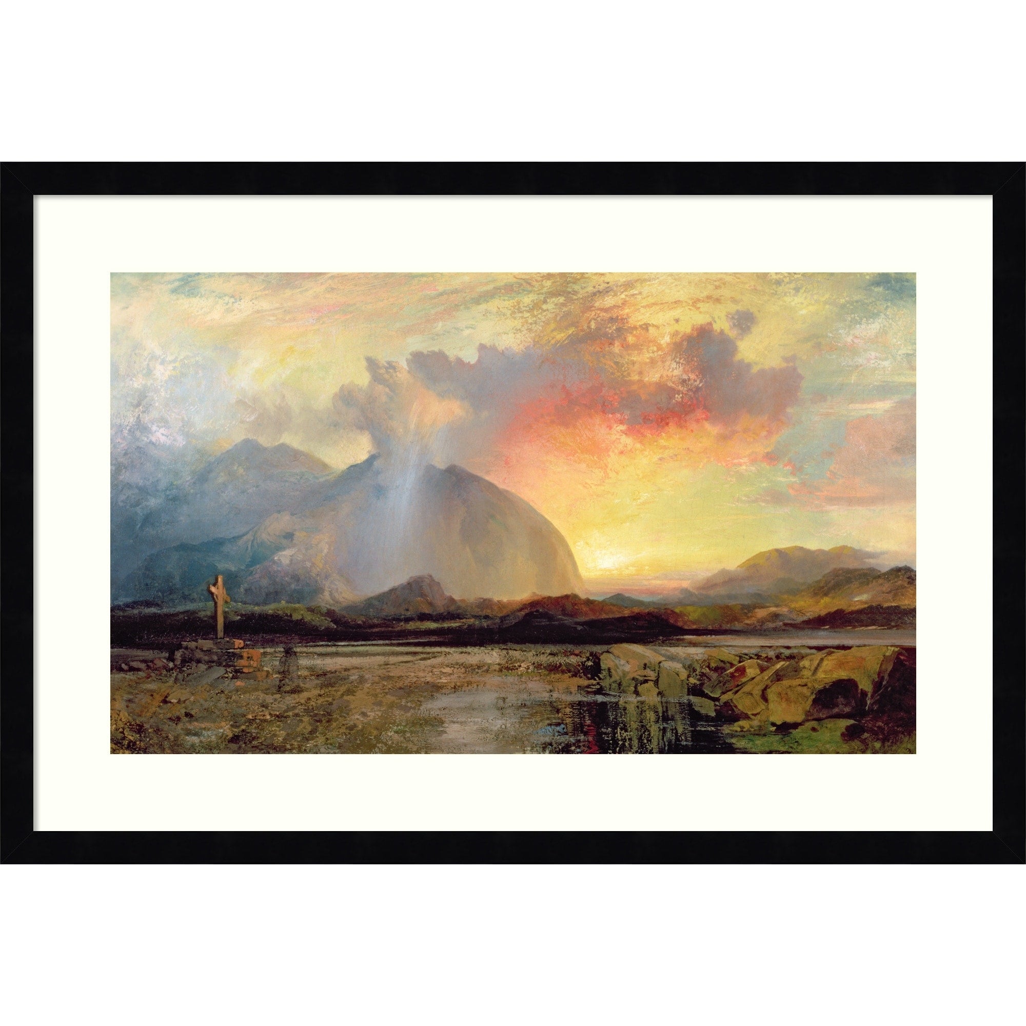 Sunset Vespers Old Rugged Cross By Thomas Moran Wood Framed Wall Art Print