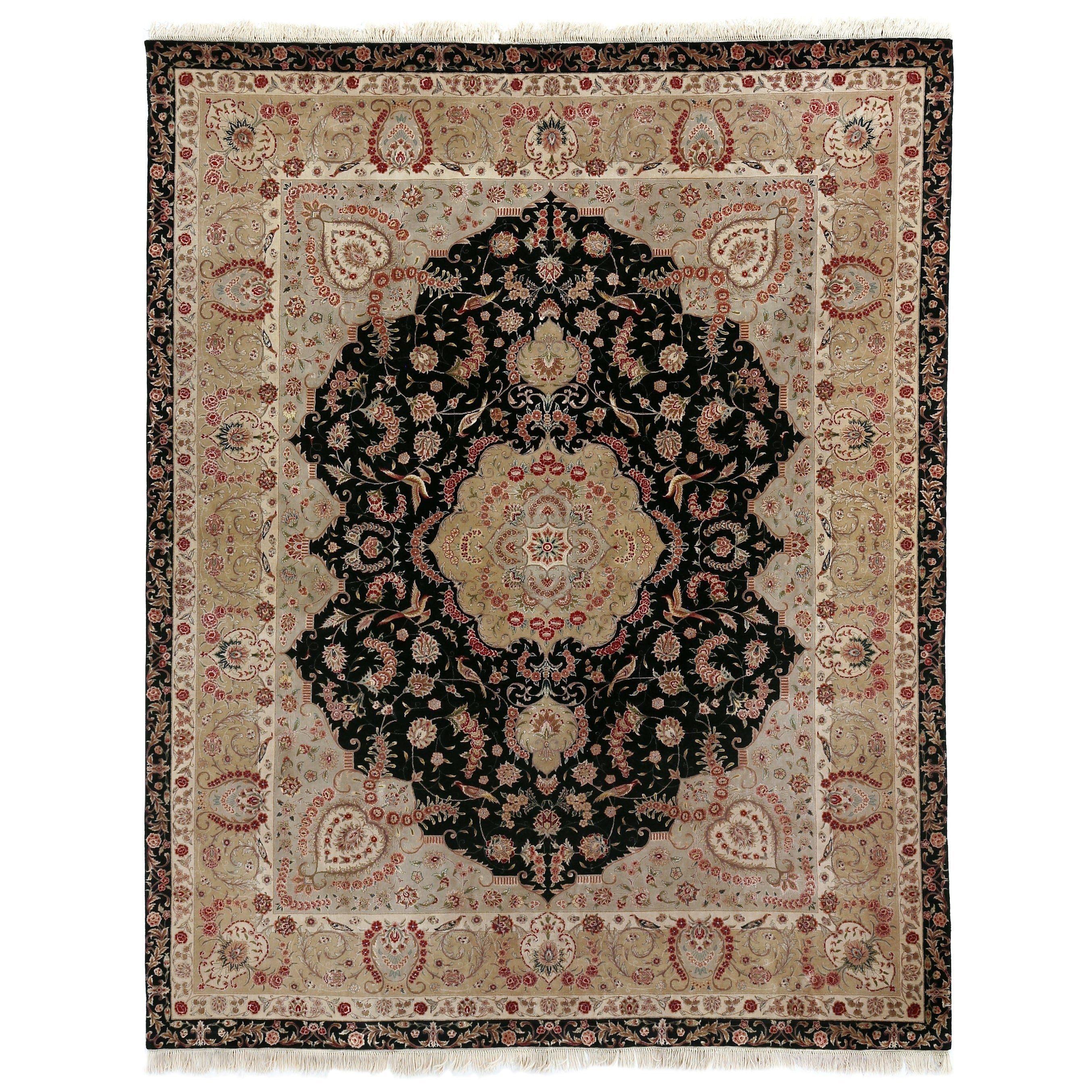 Super Fine Tabriz Hand Knotted New Zealand Wool Black Ivory Area Rug
