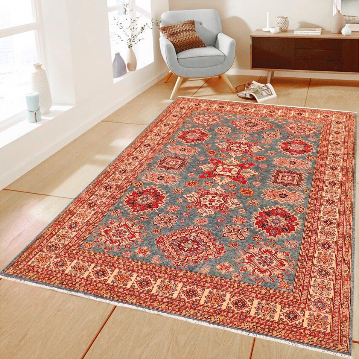 Super Fine Caucasian Kazak Cherise Green Beige Hand Knotted Wool Rug 82 X 102 82 X 102