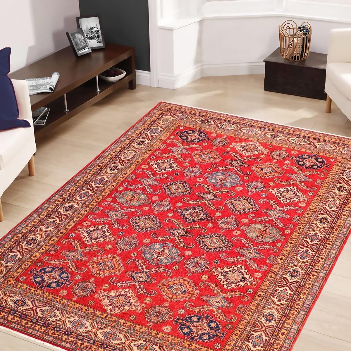 Super Fine Tribal Kazak Lorinda Red Beige Hand Knotted Wool Rug 83 X 98 83 X 98