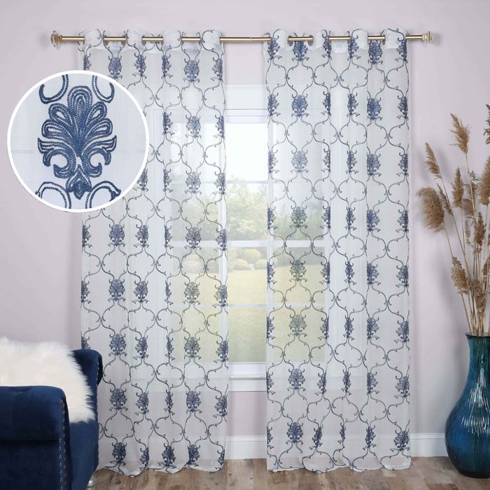 Superior Embroidered Elegant Scroll Sheer Grommet Curtain Panel Pair