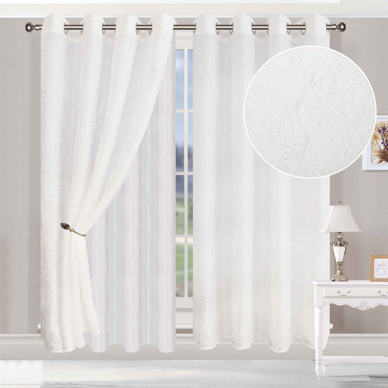 Superior Embroidered Foliage Sheer Grommet Curtain Panel Pair