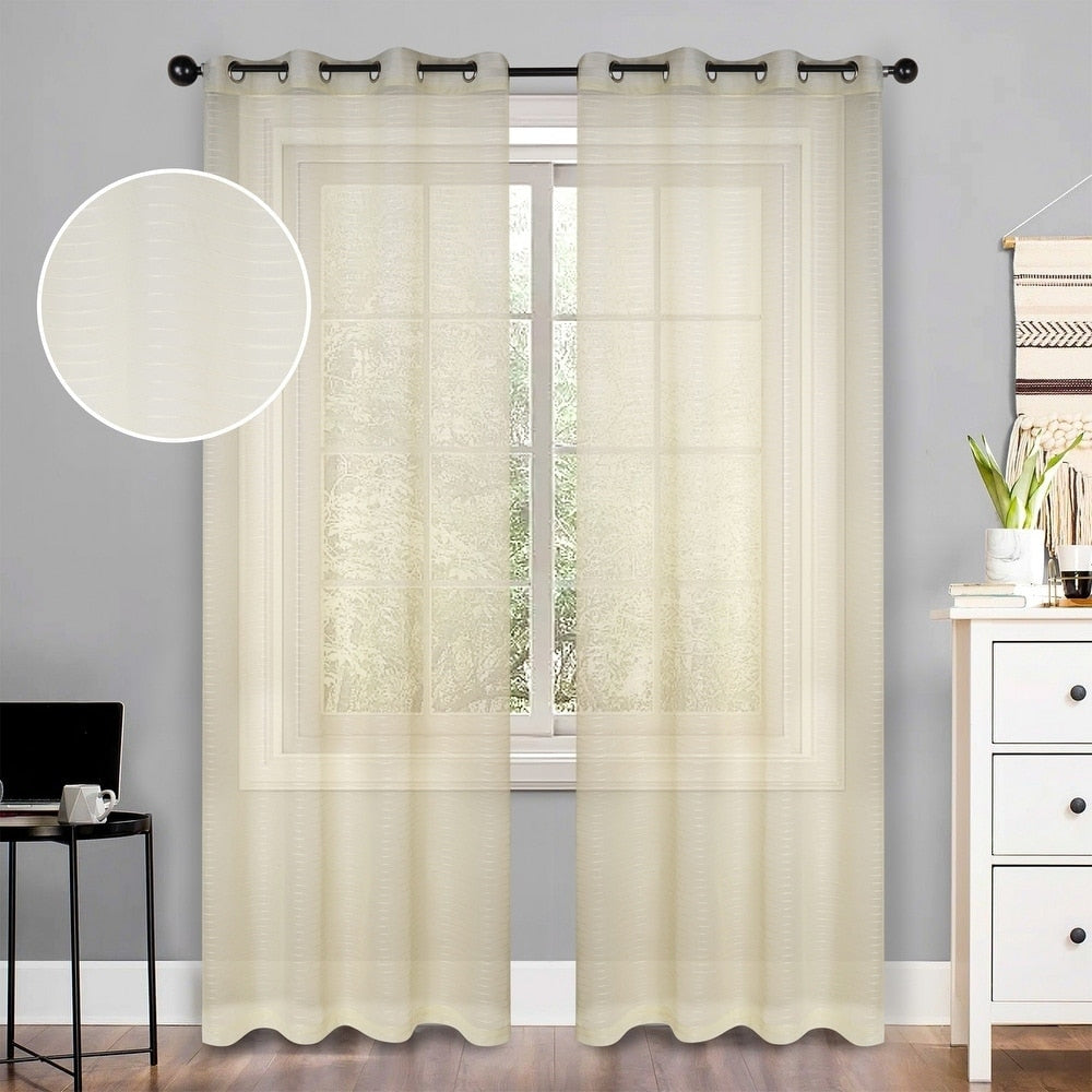 Miranda Haus Elegant Stanton Stripe Sheer Grommet Curtain Panel Set Of 2