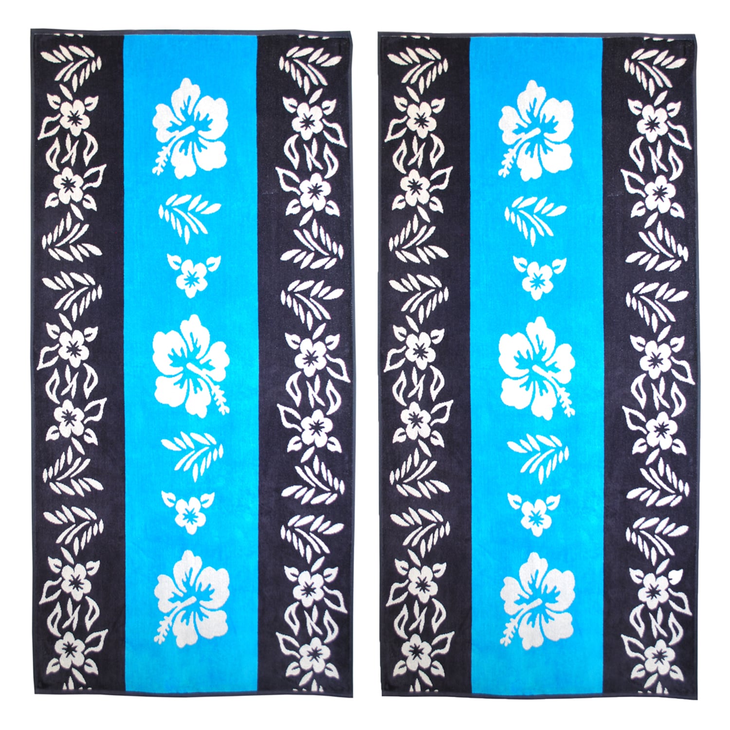 Superior Oversize Jacquard Cotton Beach Towels Hibiscus Blue Set Of 2