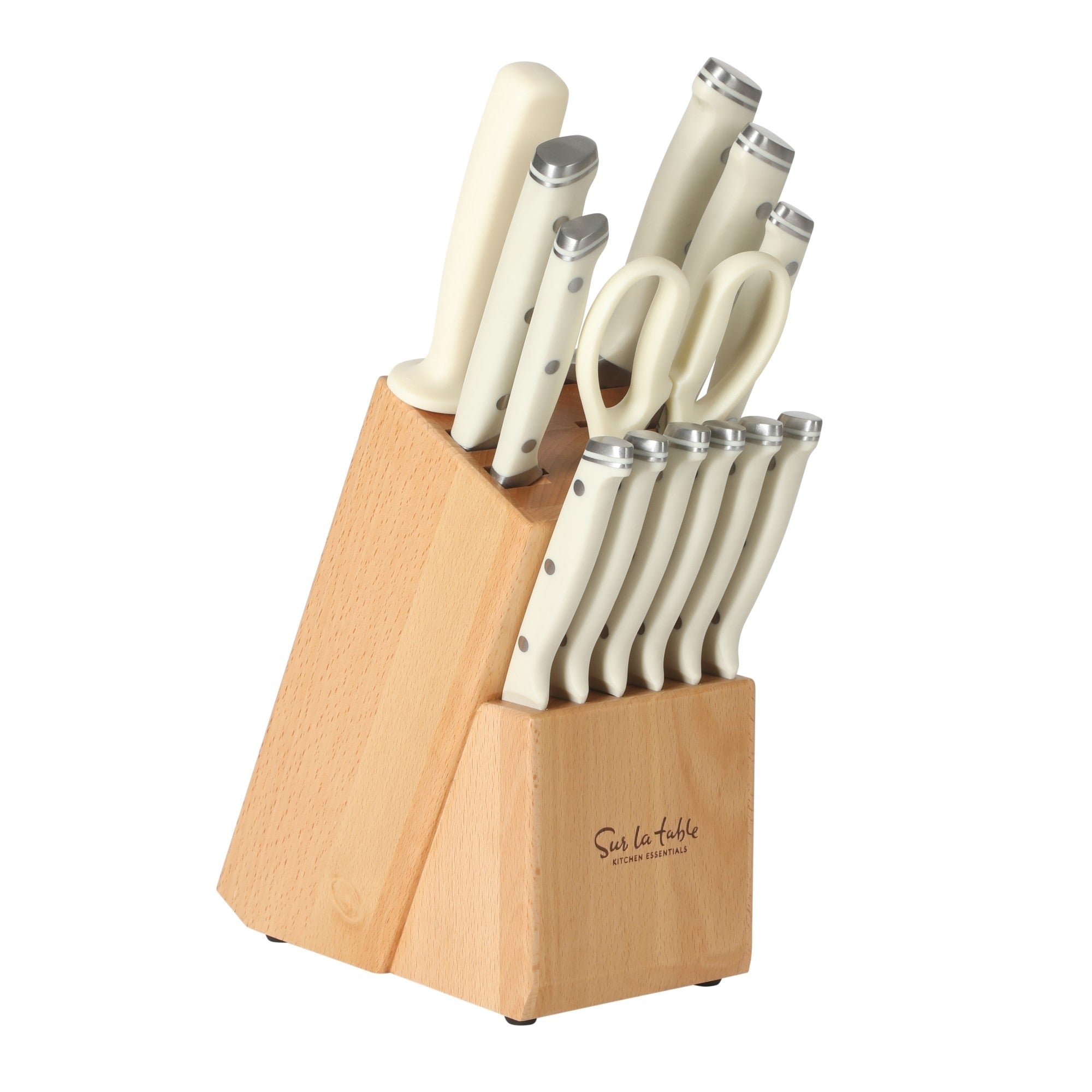 Sur La Table Kitchen Essentials 14 Piece Cutlery Set German Steel Forged Knives Beech Wood Block