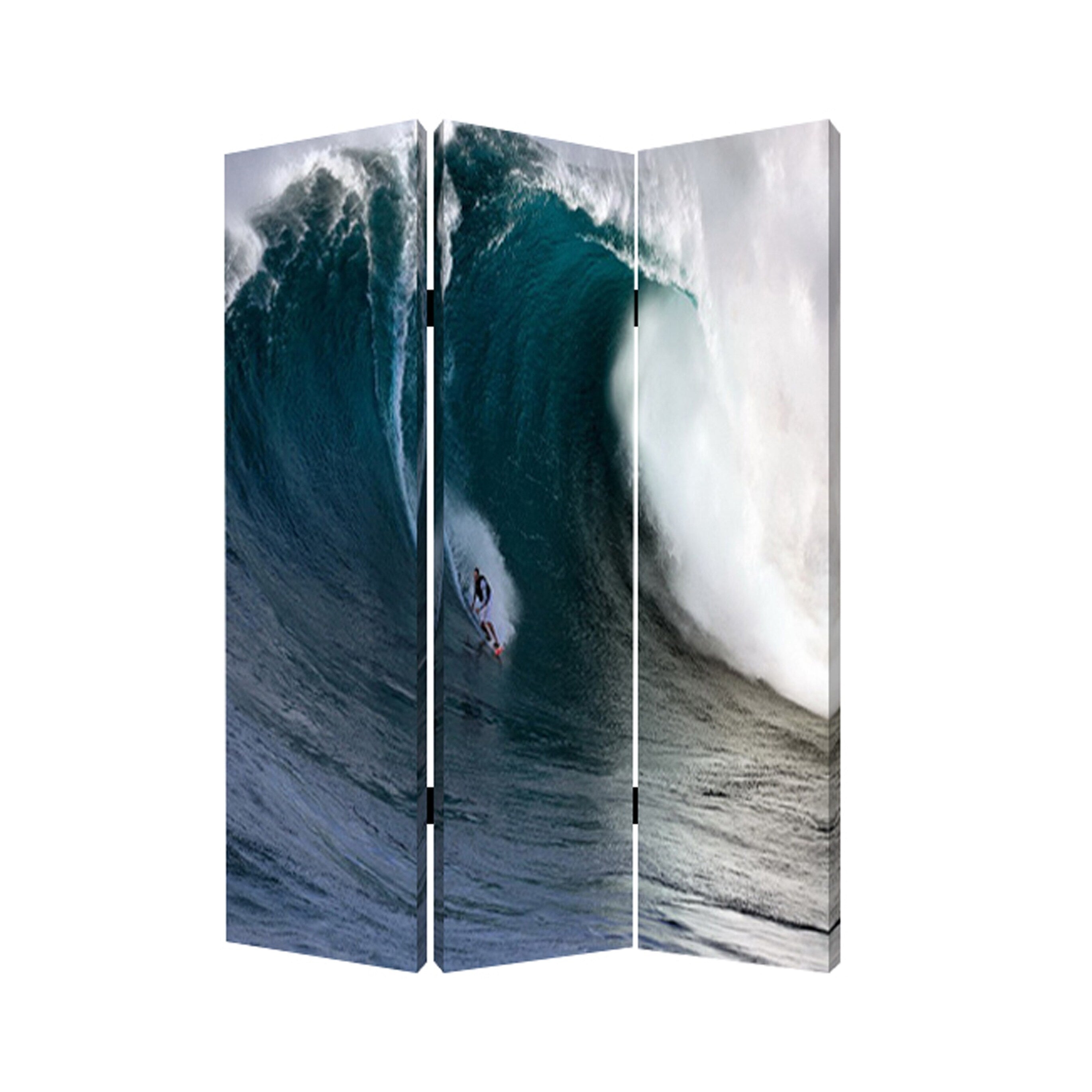 Surfing High Wave Print Foldable Canvas Screen With 3 Panels Blue