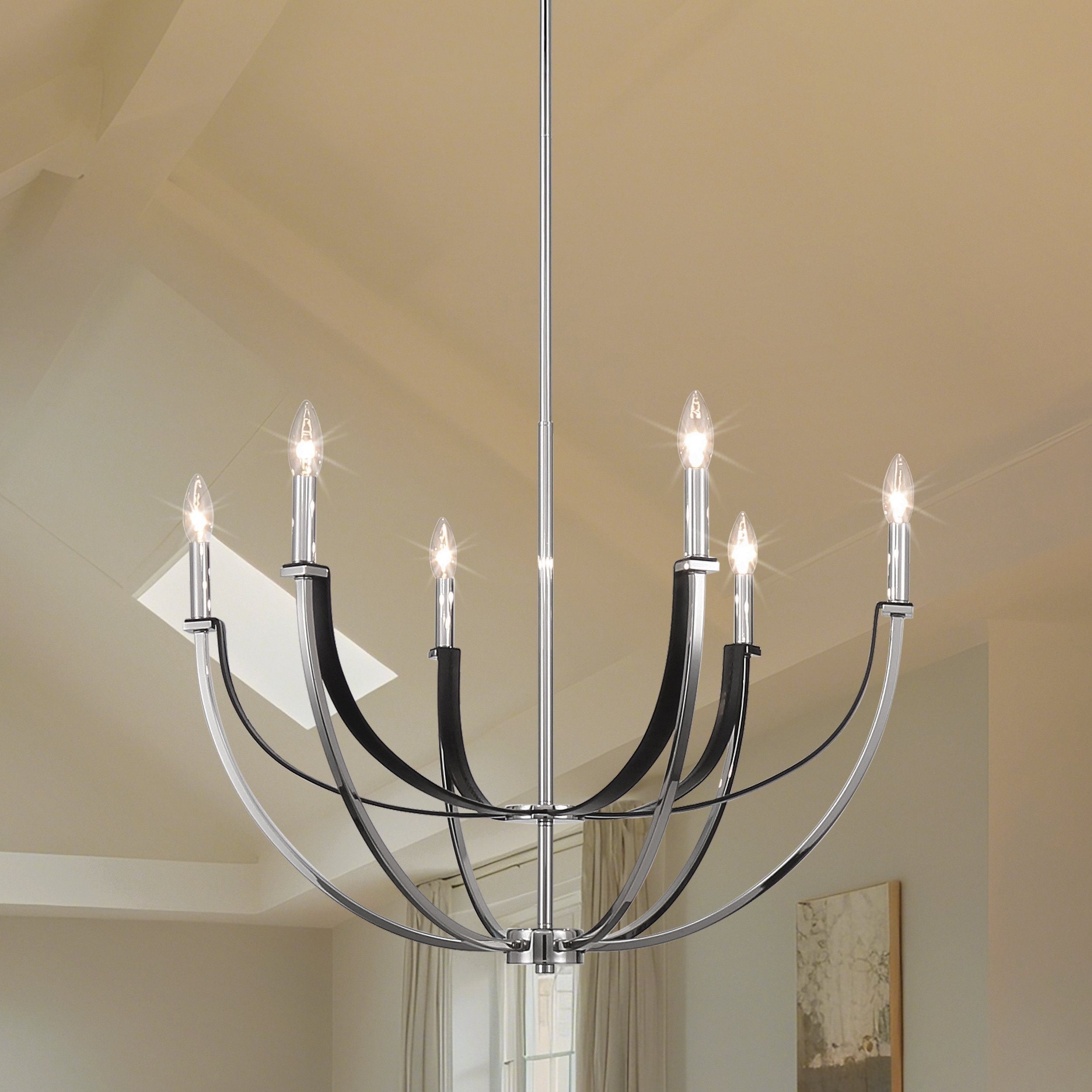 Sussex 29 Inch 6 Light Polished Nickel And Black Faux Leather Chandelier L 28.75 X W 28.75 X H 22.25 X M H 79.25