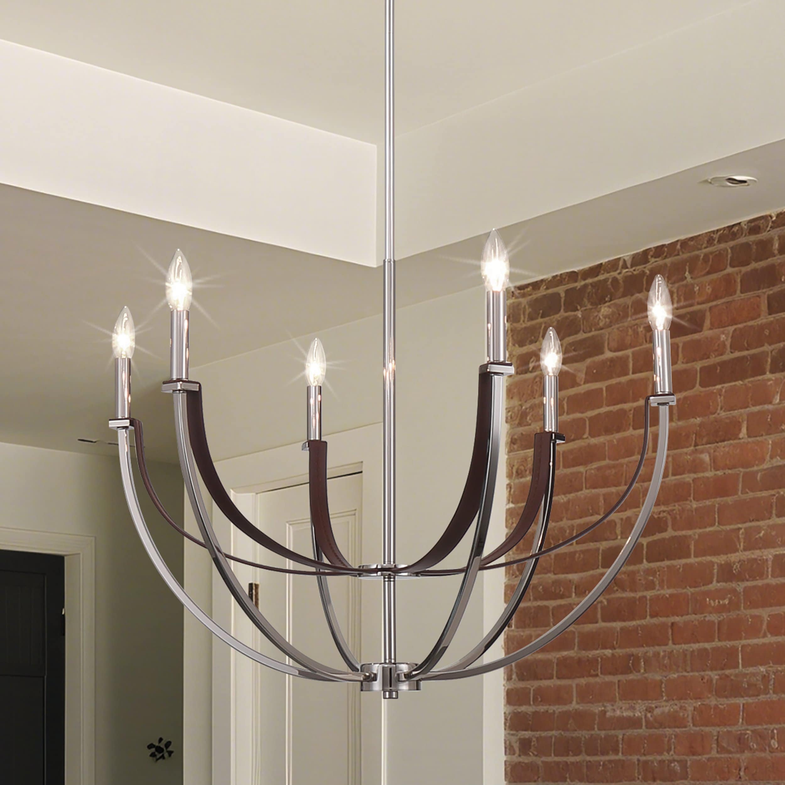 Sussex 29 Inch 6 Light Polished Nickel And Dark Brown Faux Leather Chandelier L 28.75 X W 28.75 X H 22.25 X M H 79.25