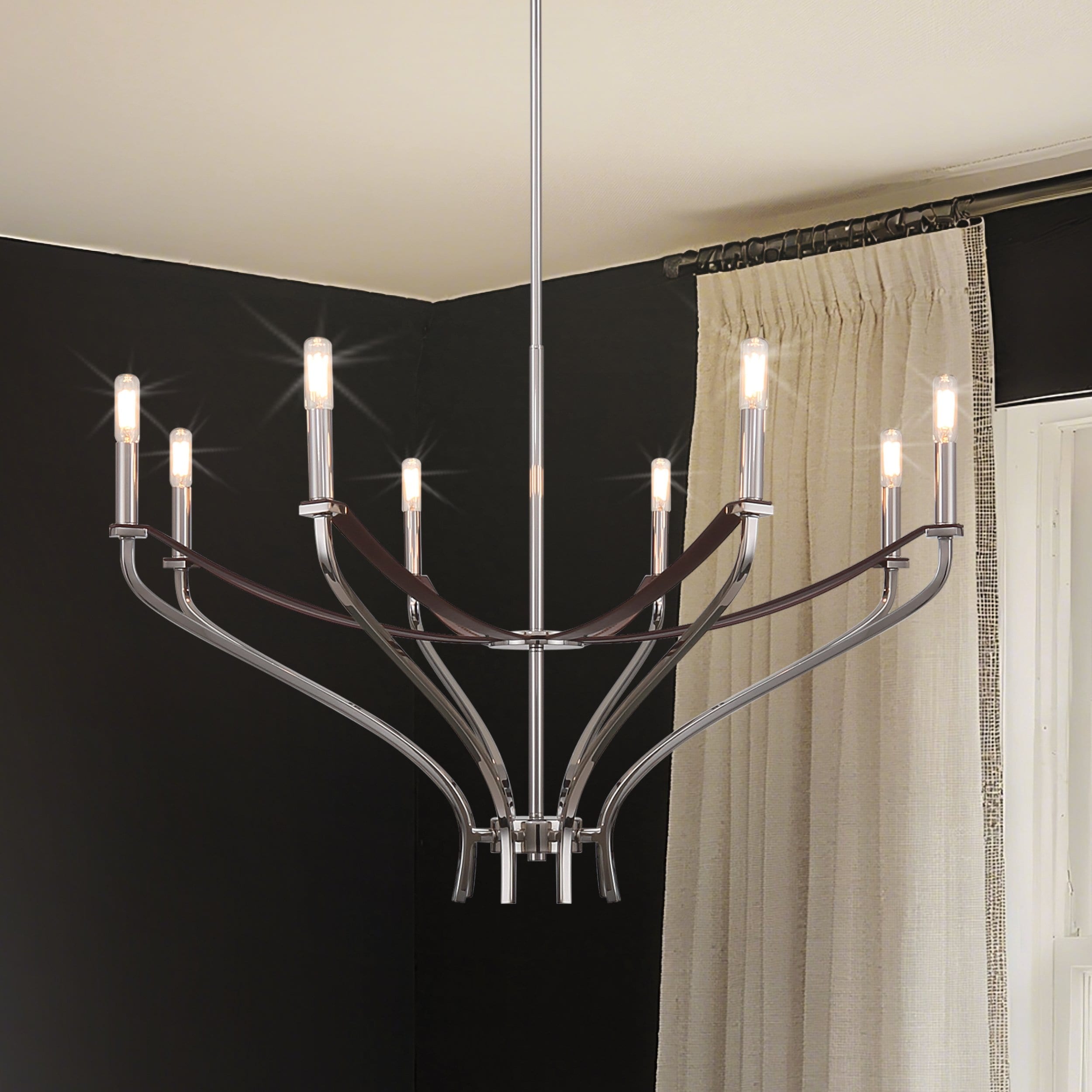 Sussex 36 Inch 8 Light Polished Nickel And Dark Brown Faux Leather Chandelier L 36.5 X W 36.5 X H 23 X M H 80