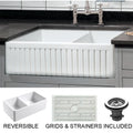 Sutton Place Reversible Farmhouse Fireclay 33 In. 55 45 Double Bowl Kitchen Sink In White With Grid And Strainer