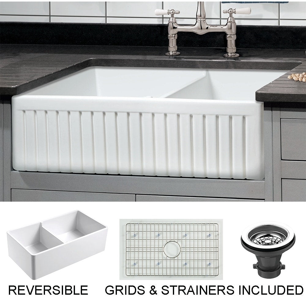 Sutton Place Reversible Farmhouse Fireclay 33 In. 55 45 Double Bowl Kitchen Sink In White With Grid And Strainer