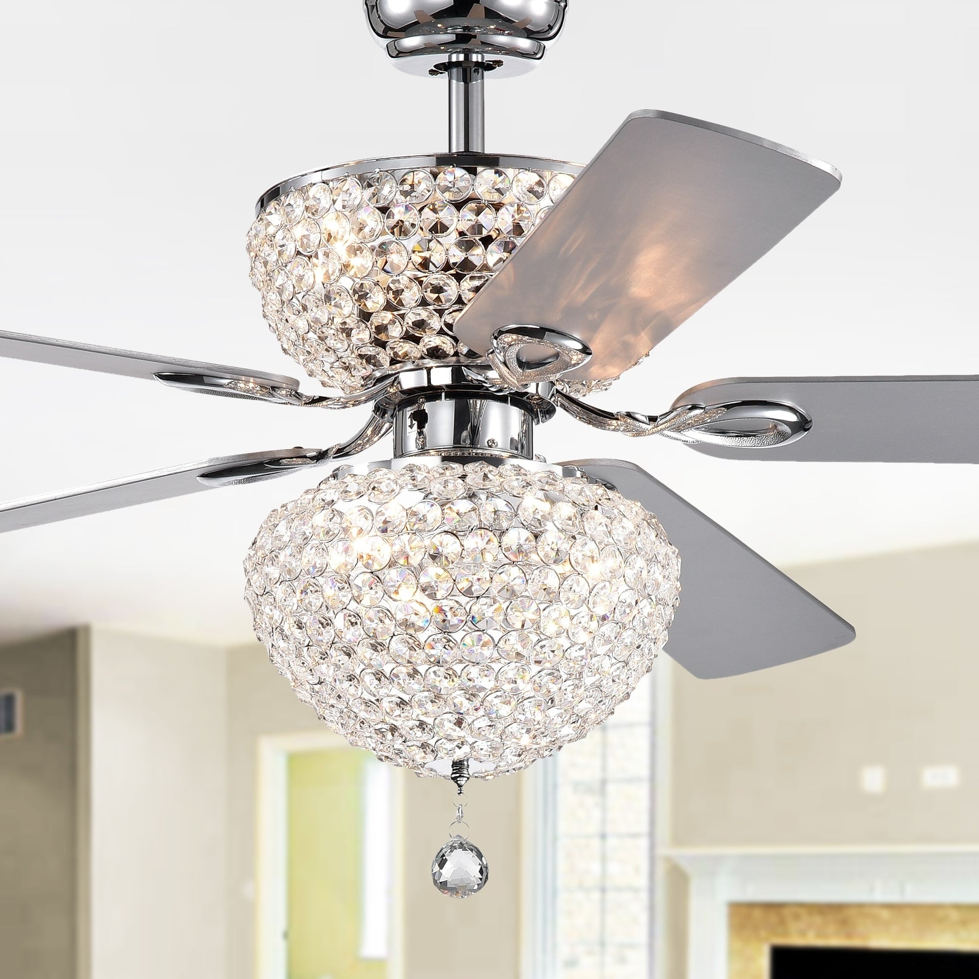 Swarana Chrome Dual Lighted Ceiling Fan With Crystal Shades Includes Remote And Light Kit