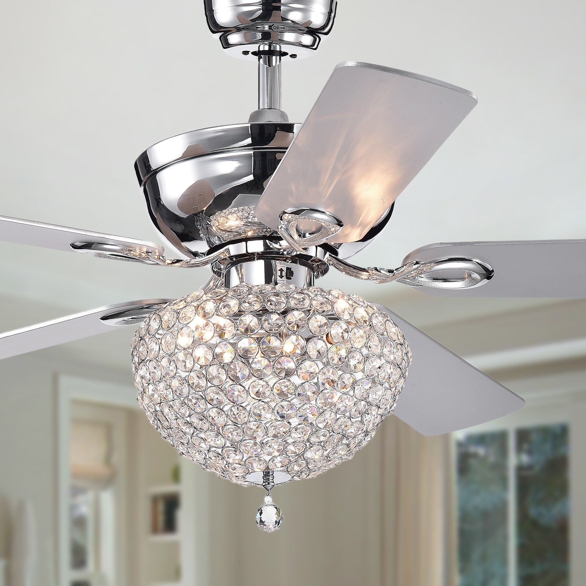 Swarna Chrome 5 Blade 52 Inch Lighted Ceiling Fan With Crystal Bowl Chandelier Remote Controlled