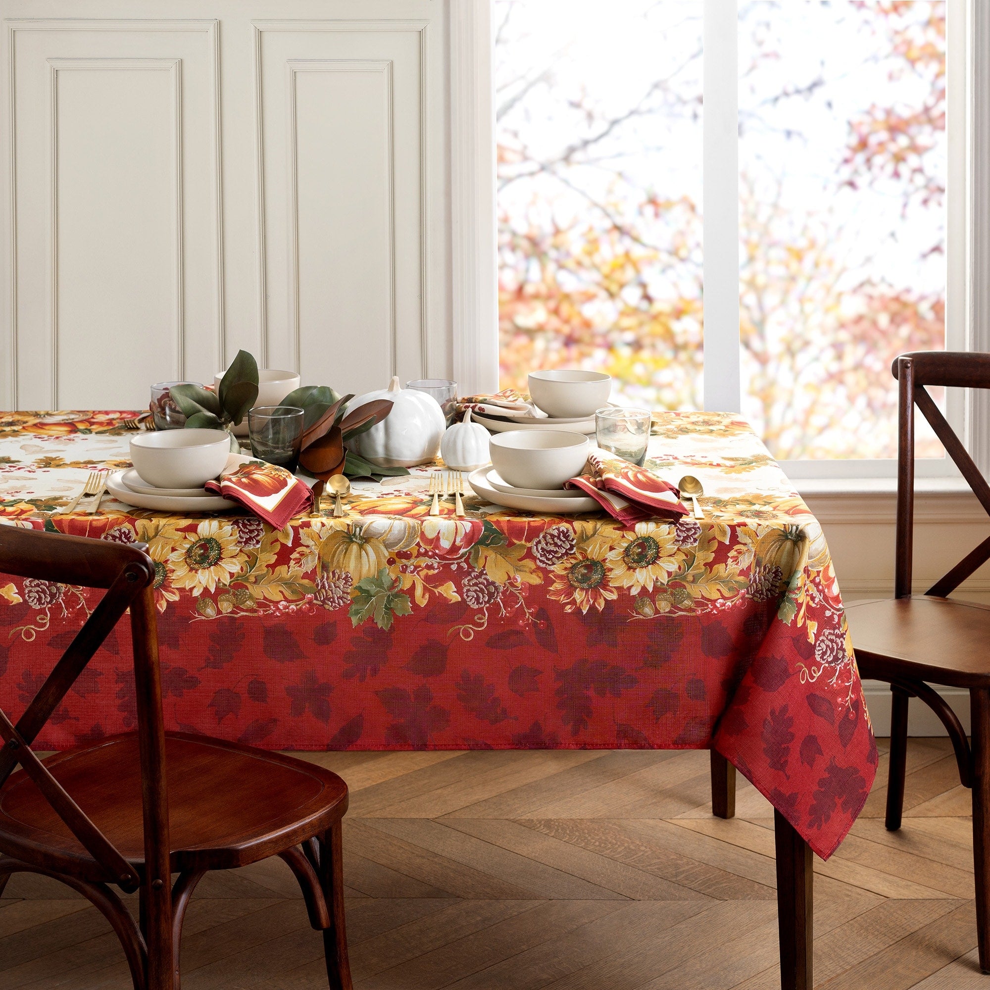 Swaying Leaves Double Border Printed Fabric Harvest Tablecloth