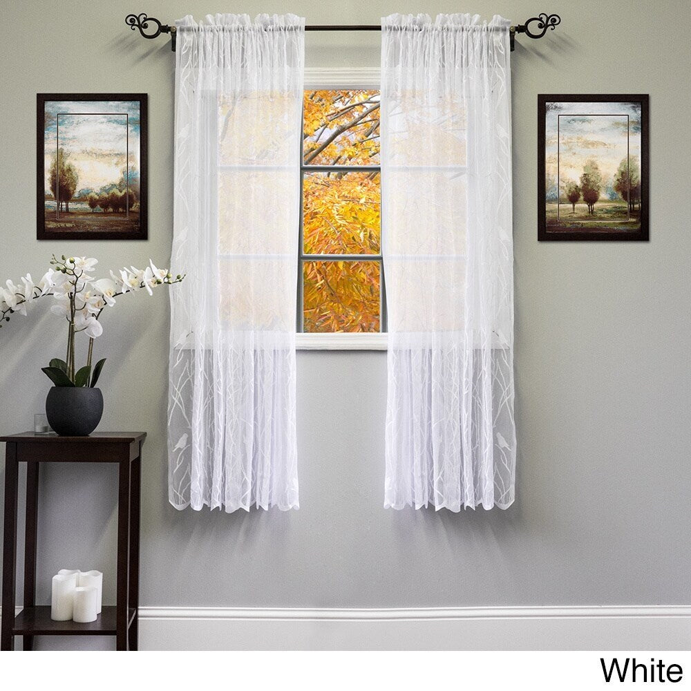 White Ivory 56 Inch X 63 Inch Knit Lace Bird Motif Window Curtain Panel 56 X 63