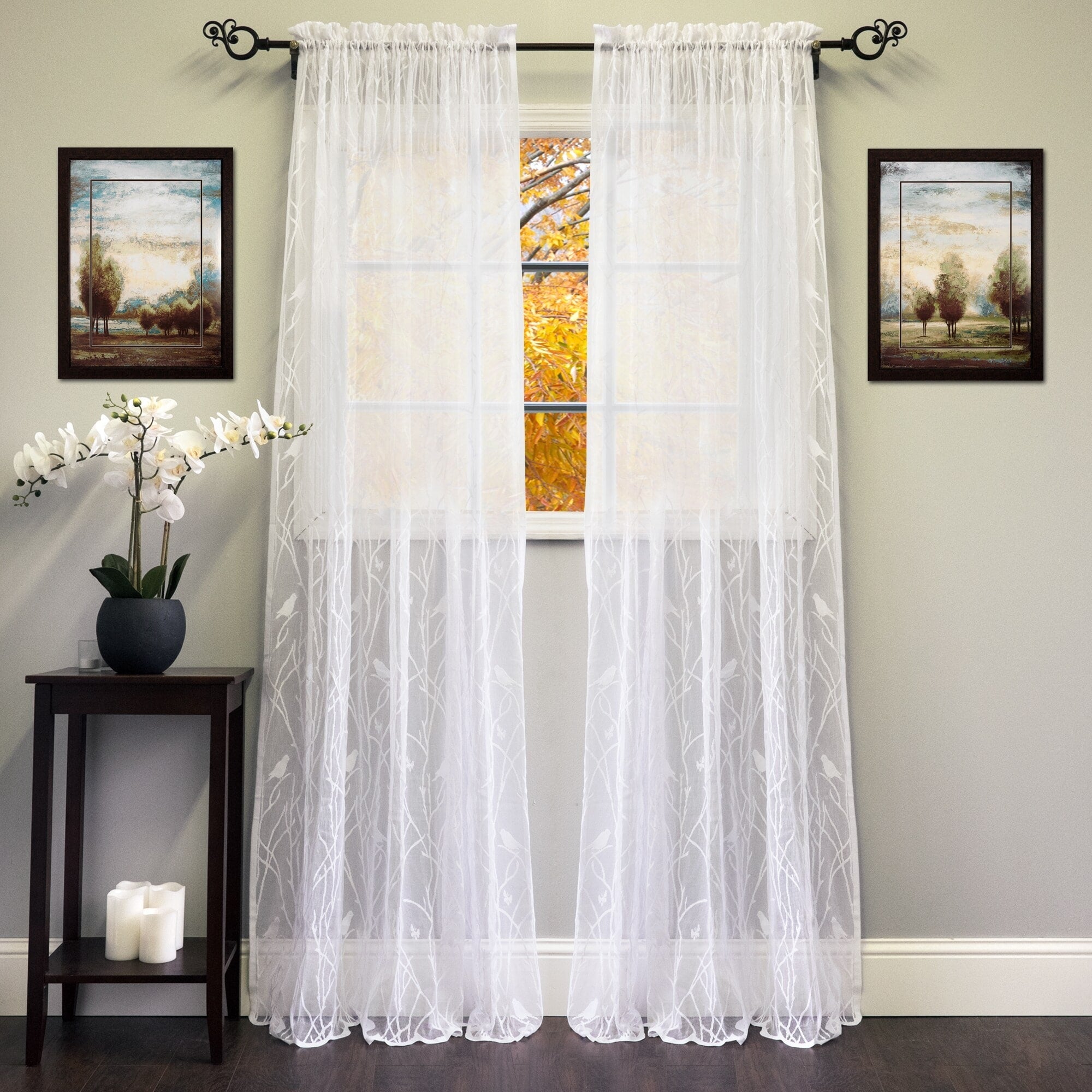 White Ivory 56 Inch X 84 Inch Knit Lace Bird Motif Window Curtain Panel 56 X 84