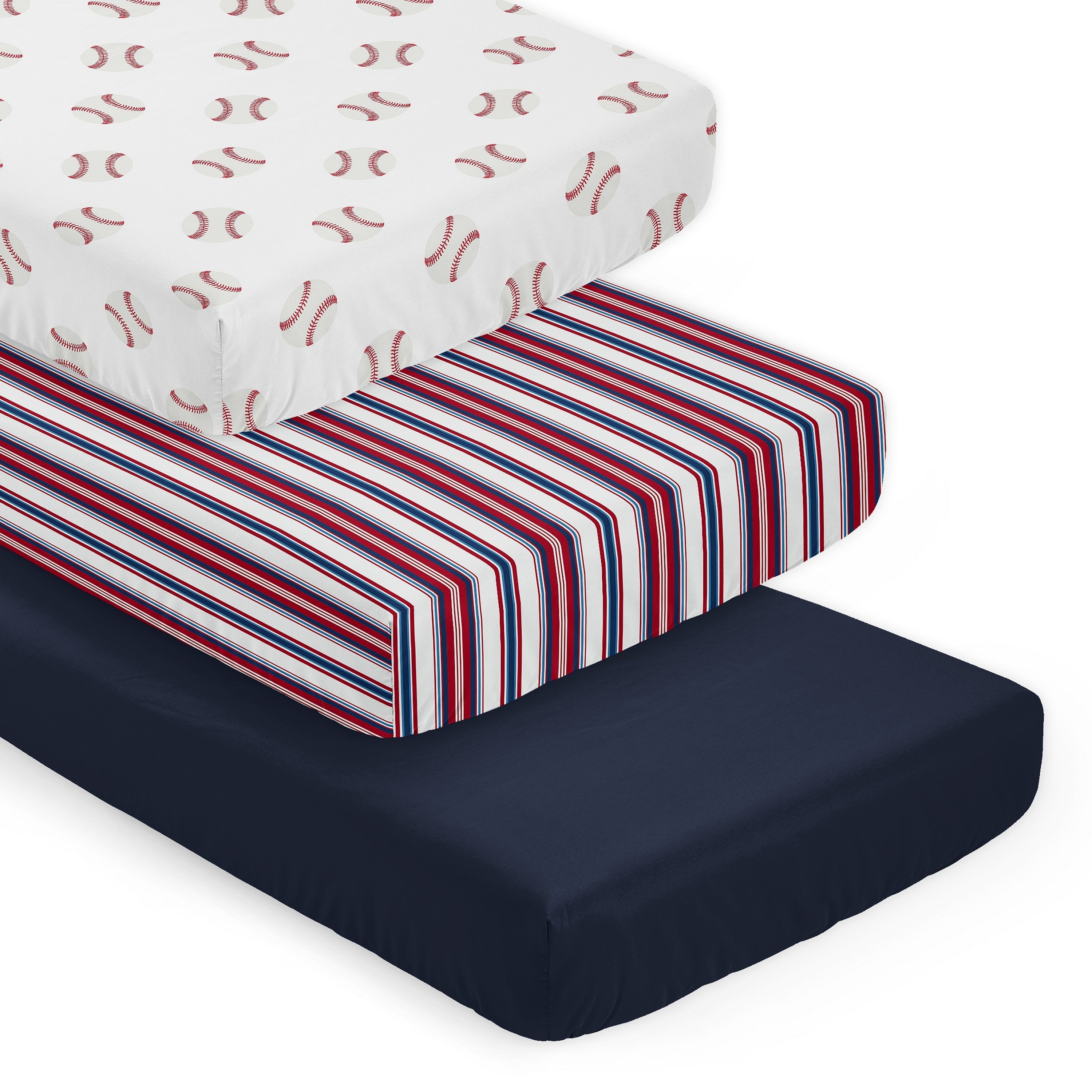 Sweet Jojo Designs Baseball Sports Boy 3 Pack Fitted Crib Sheets Red White And Blue Stripes Solid Navy And Americana Sport