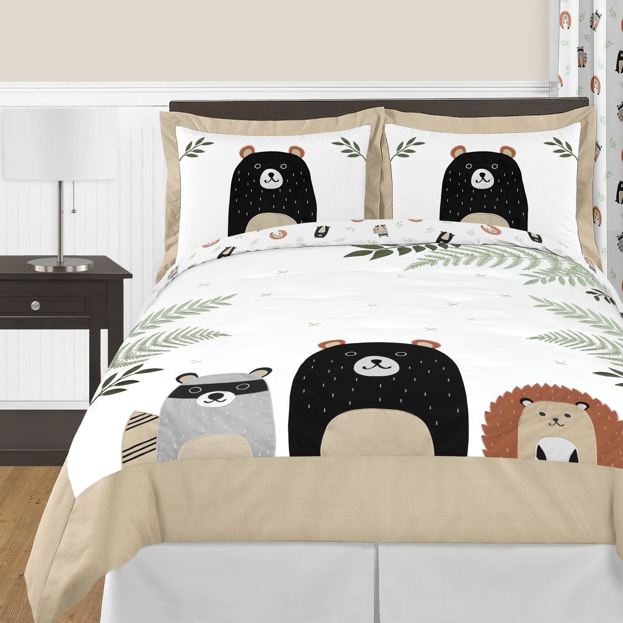 Sweet Jojo Designs Bear Raccoon Forest Animal Woodland Pals Collection 3 Pc Full Queen Comforter Set Beige Green Black Grey