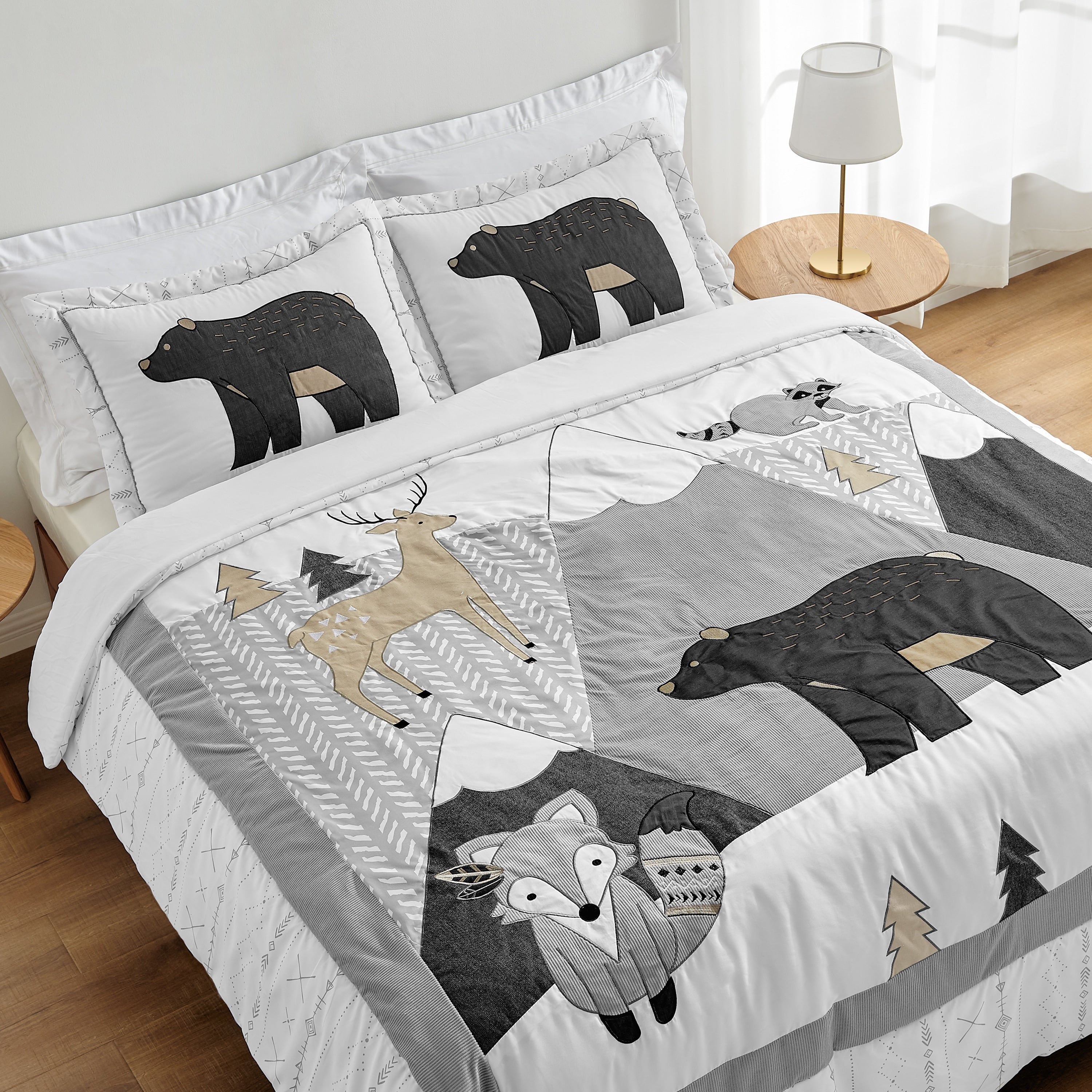 Sweet Jojo Designs Beige Grey Boho Mountain Animal Woodland Forest Friends Collection Unisex Boy Or Girl 4 Pc Twin Comforter Set