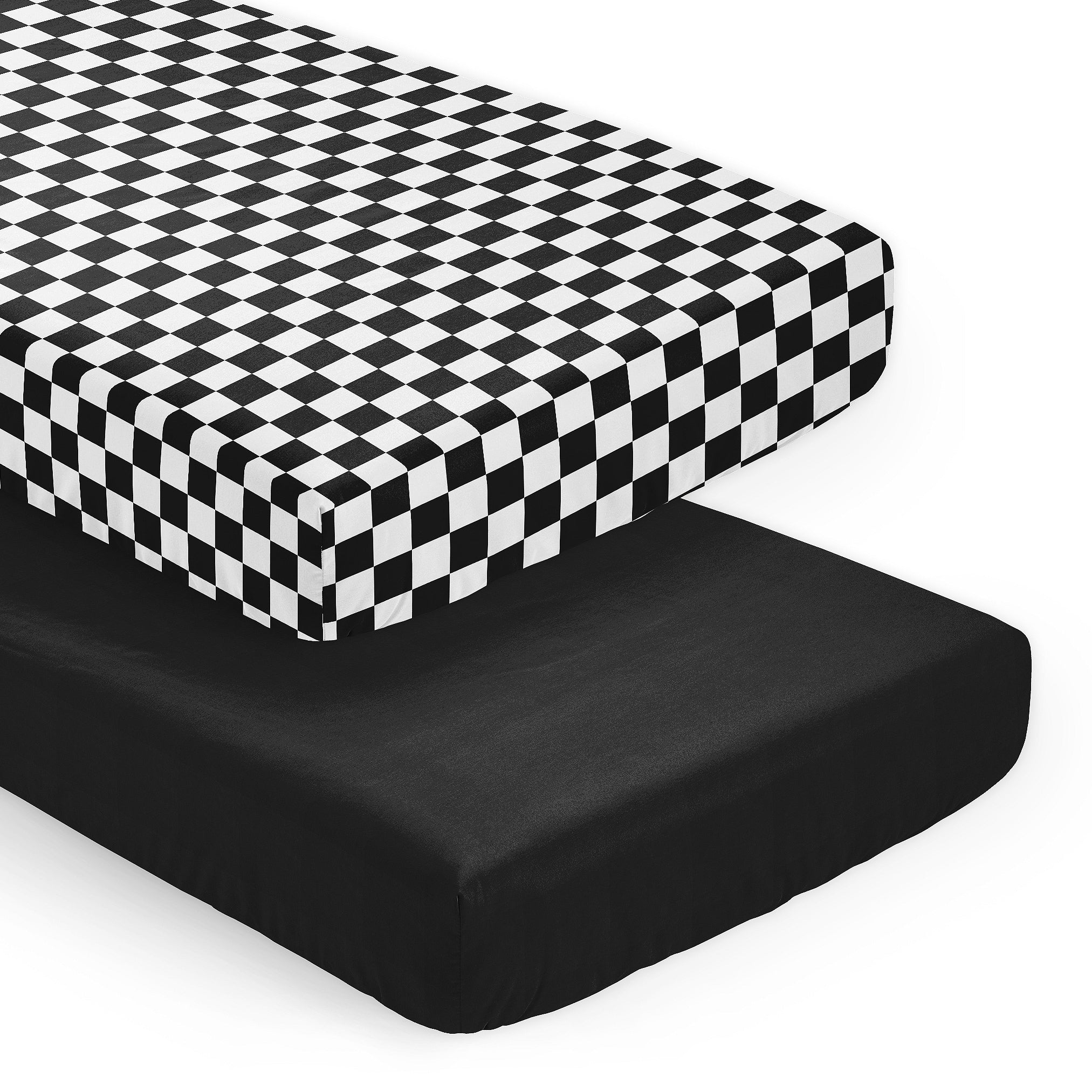 Sweet Jojo Designs Black White Gingham Checkered Plaid Boy Girl Unisex Gender Neutral 2 Pack Fitted Crib Sheets Solid Black