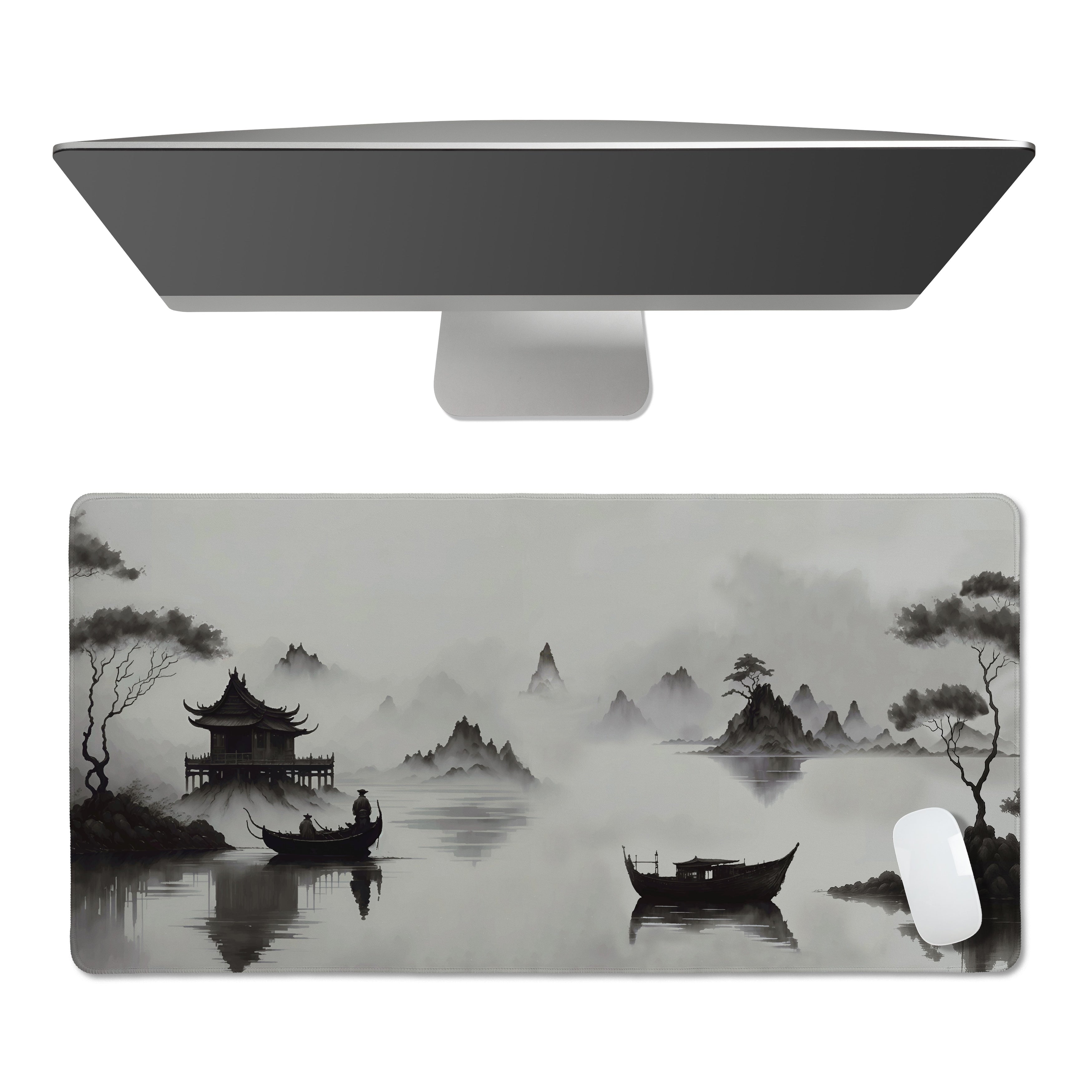 Sweet Jojo Designs Black White Traditional Japanese Boy Girl Unisex Gender Neutral Large Mouse Pad Desk Mat Asian Ink Wash