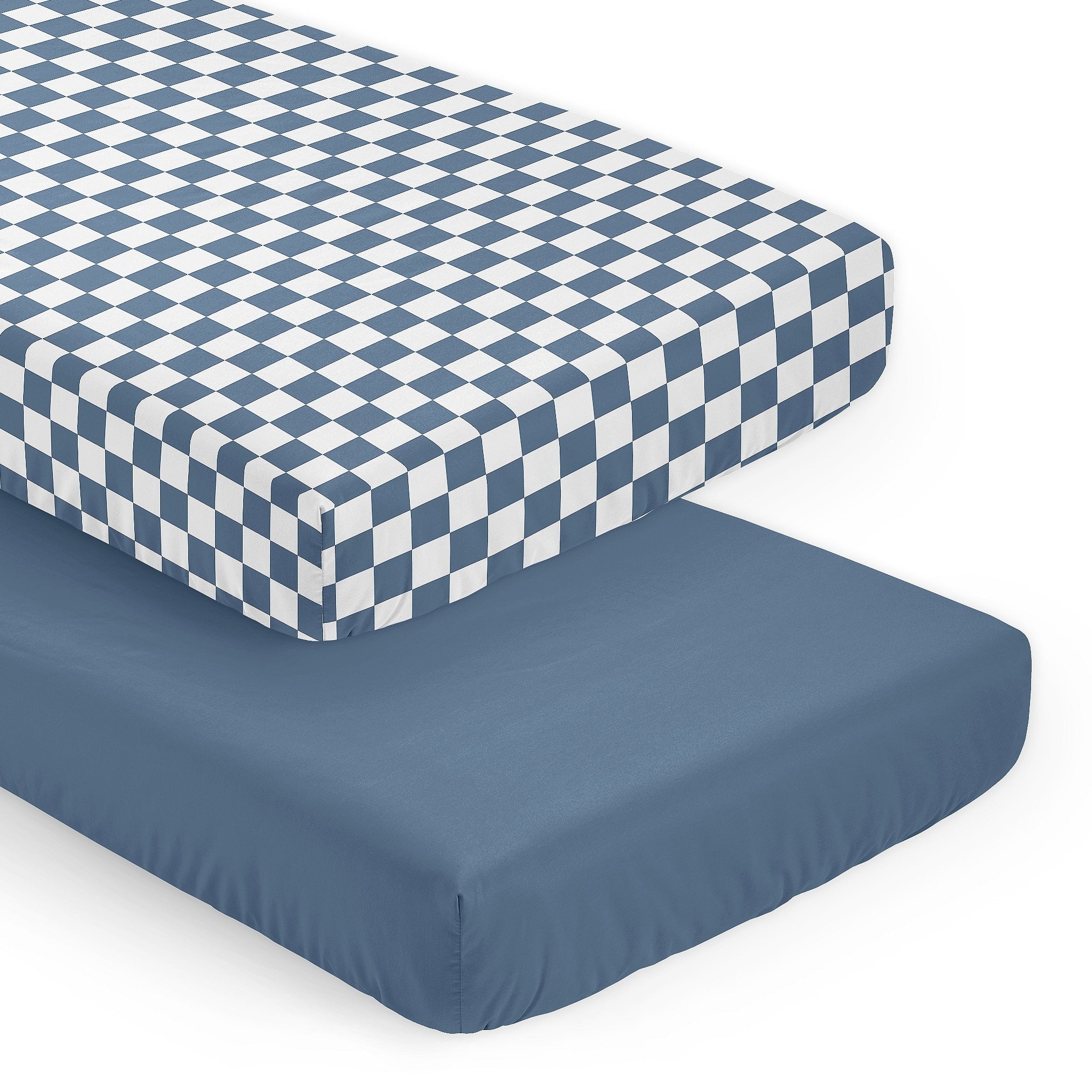 Sweet Jojo Designs Blue Gingham Checkered Plaid Boy 2 Pack Fitted Crib Sheets Solid Steel And Vintage Classic Checkerboard