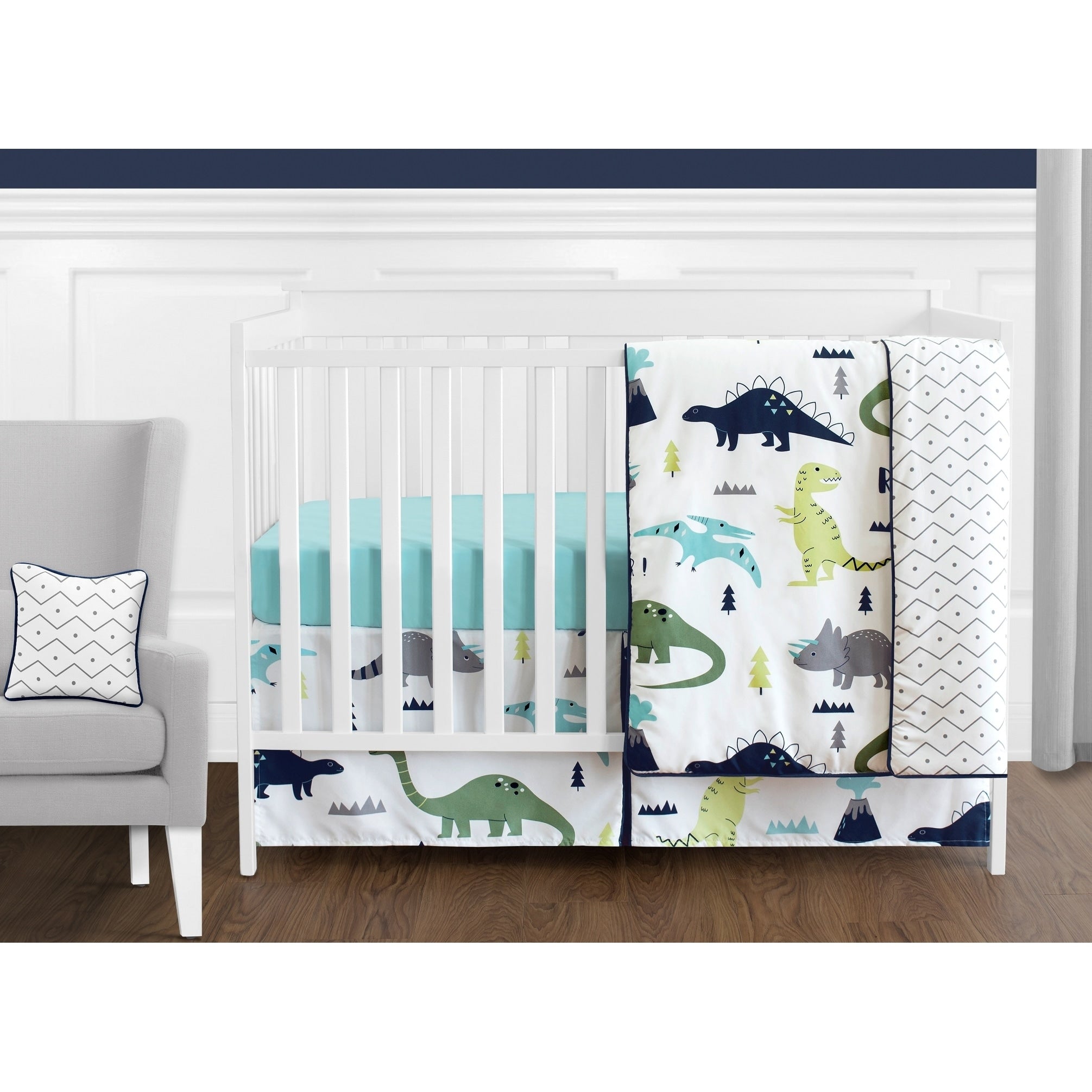 Sweet Jojo Designs Blue And Green Mod Dino Modern Dinosaur Collection 11 Piece Bumperless Crib Bedding Set
