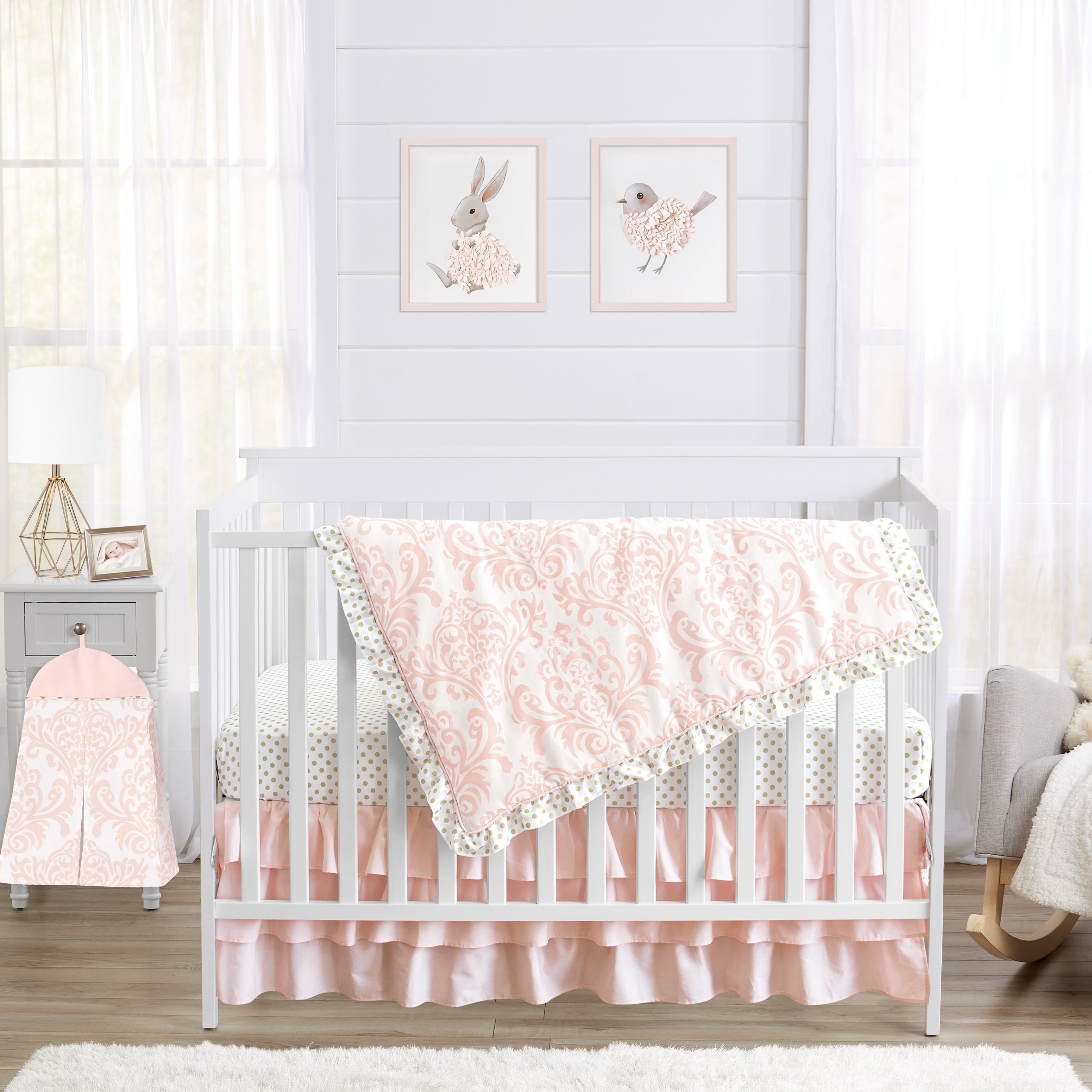 Sweet Jojo Designs Blush Pink Amelia Damask Collection 4 Piece Bumperless Crib Bedding Set