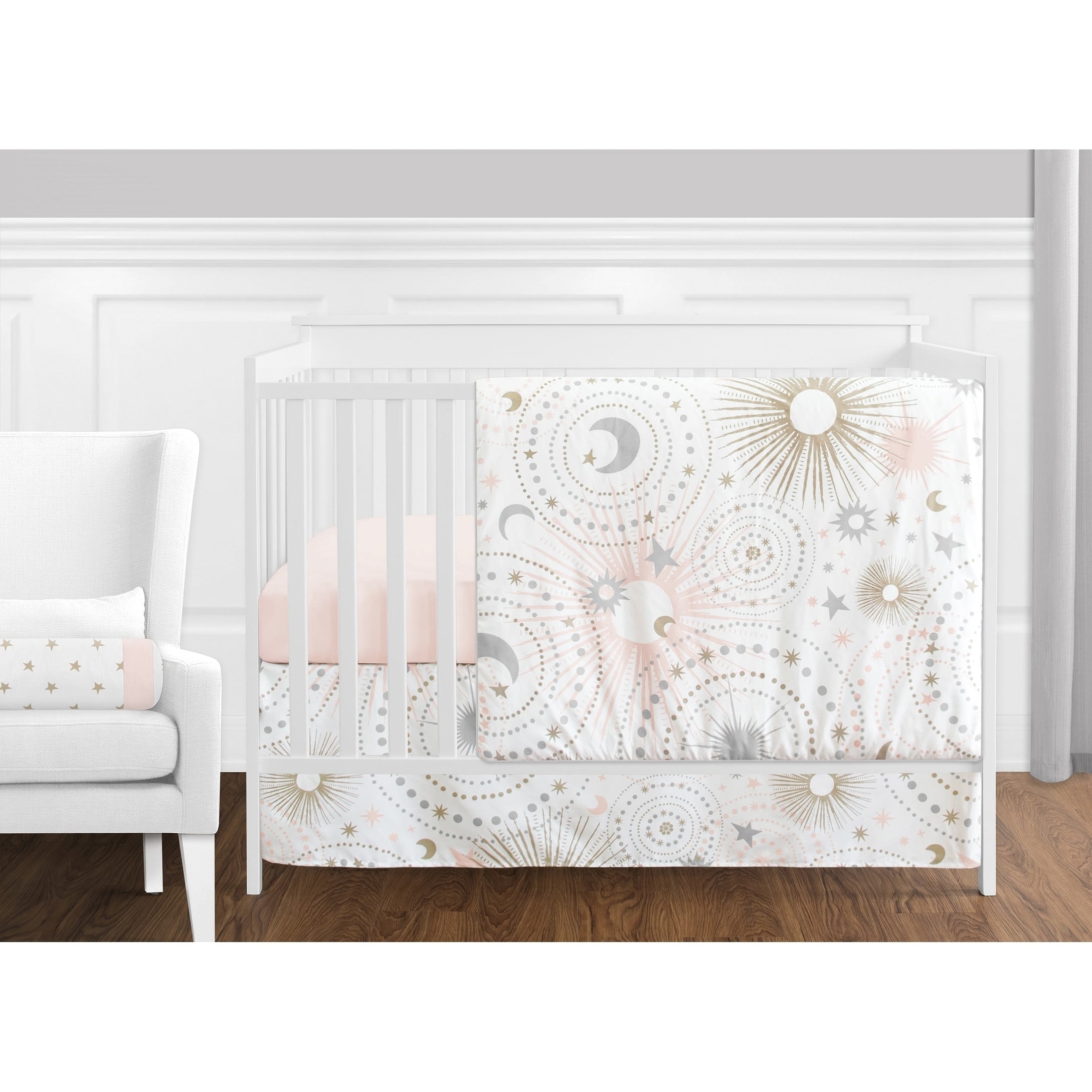 Sweet Jojo Designs Blush Pink Gold Grey White Star And Moon Celestial Collection Baby Girl 11 Pc Bumperless Crib Bedding Set