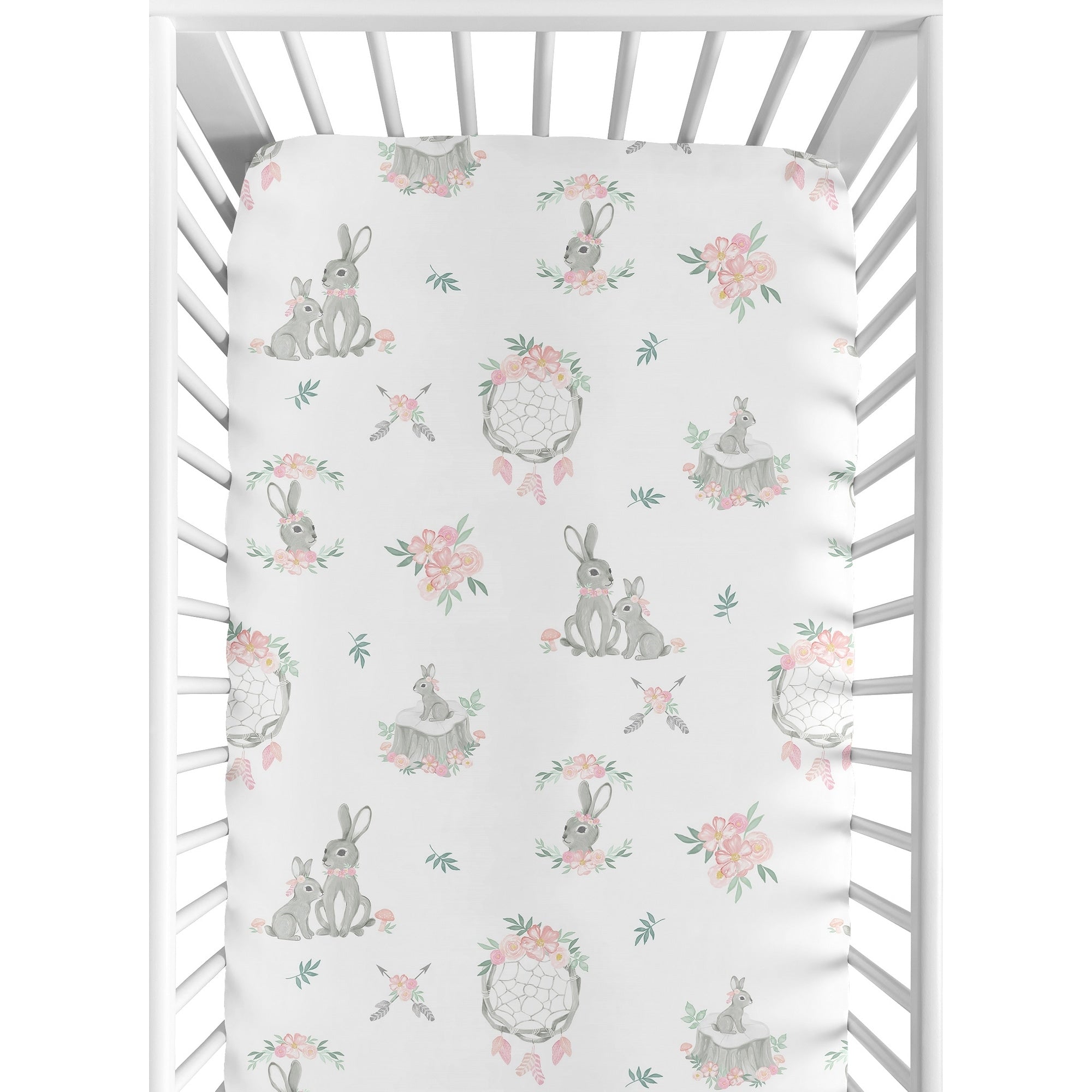 Sweet Jojo Designs Blush Pink Grey Woodland Boho Dream Catcher Arrow Gray Bunny Floral Girl Fitted Crib Sheet Watercolor Rose