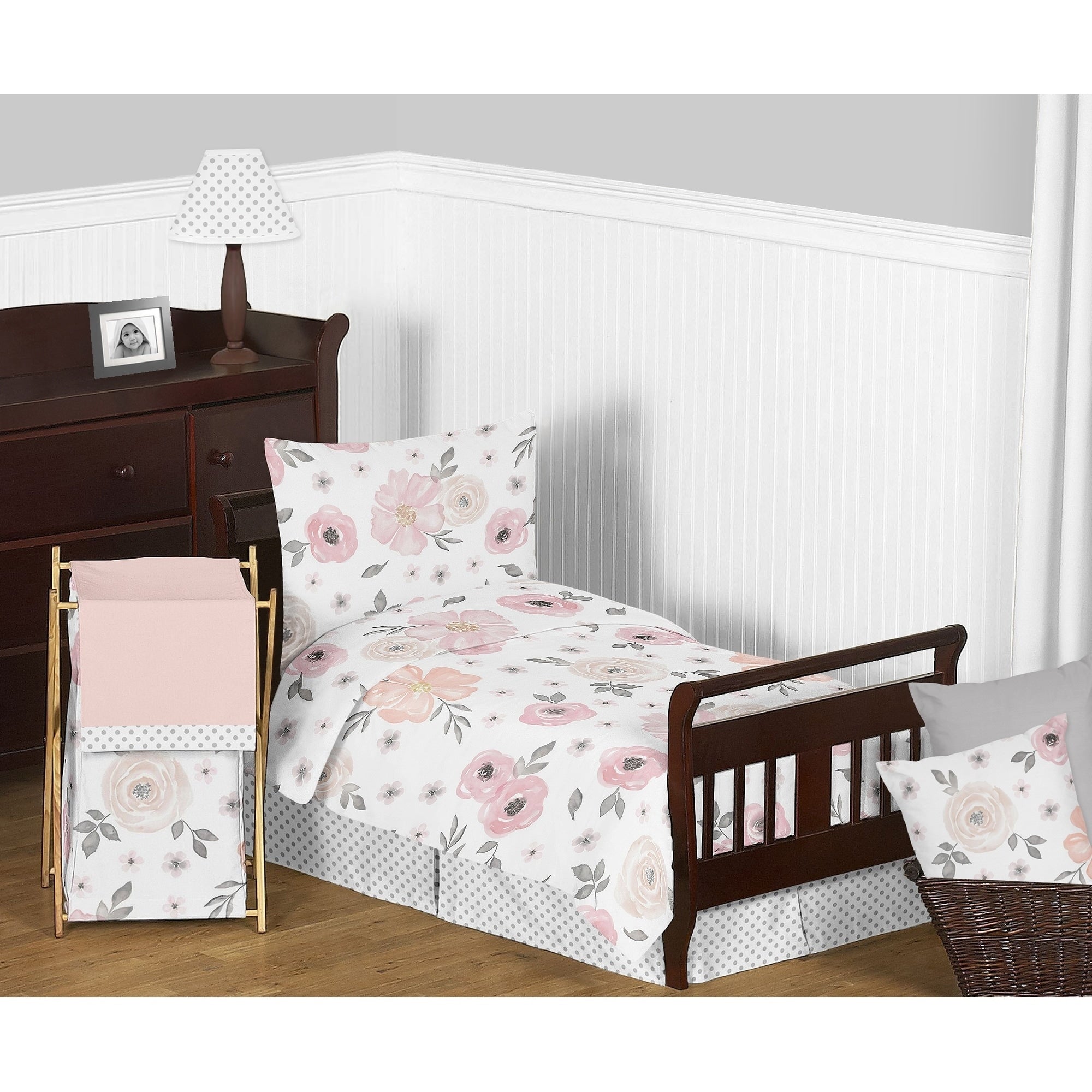 Sweet Jojo Designs Blush Pink Grey And White Chic Watercolor Floral Collection Girl 5 Piece Toddler Size Comforter Set