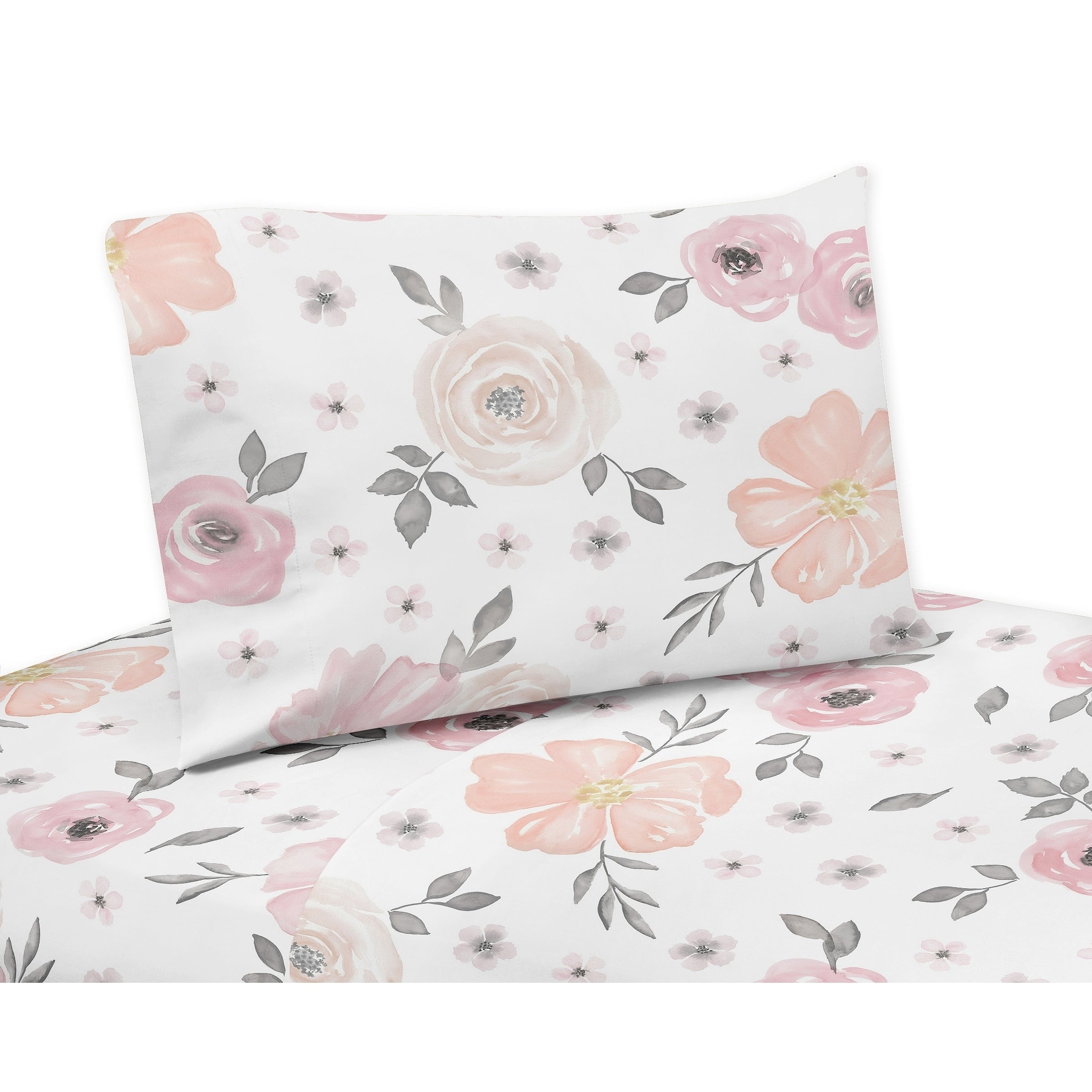 Sweet Jojo Designs Blush Pink Grey And White Watercolor Floral Collection 3 Piece Twin Sheet Set
