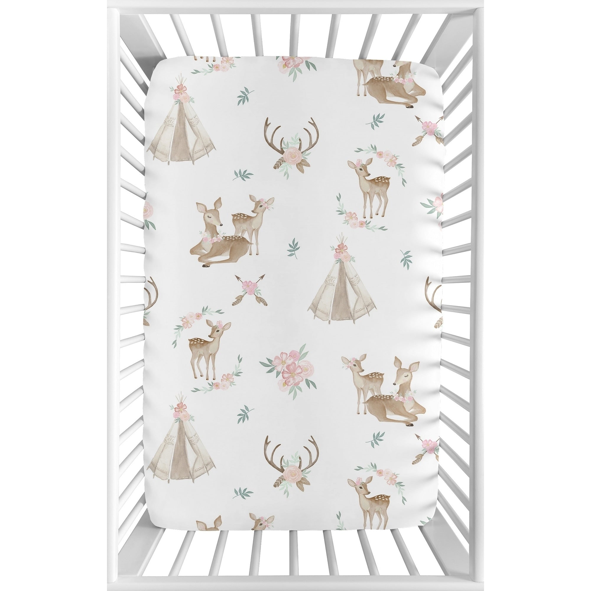 Sweet Jojo Designs Blush Pink Mint Green And White Boho Woodland Deer Floral Collection Fitted Mini Portable Crib Sheet