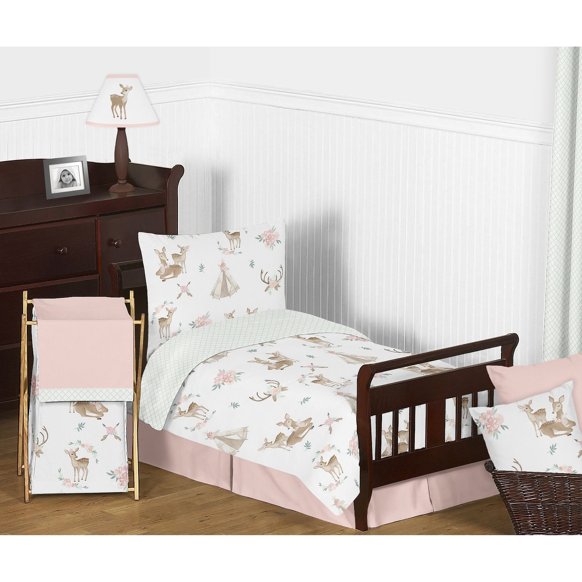 Sweet Jojo Designs Blush Pink Mint Watercolor Woodland Deer Floral Collection Girl 5 Piece Toddler Size Comforter Set