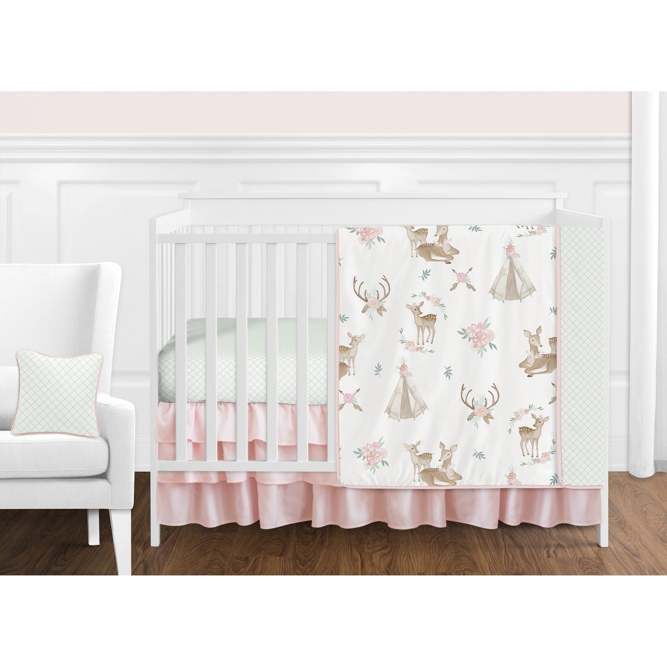 Sweet Jojo Designs Blush Pink Mint White Boho Watercolor Woodland Deer Floral Collection Girl 11 Piece Crib Bedding Set